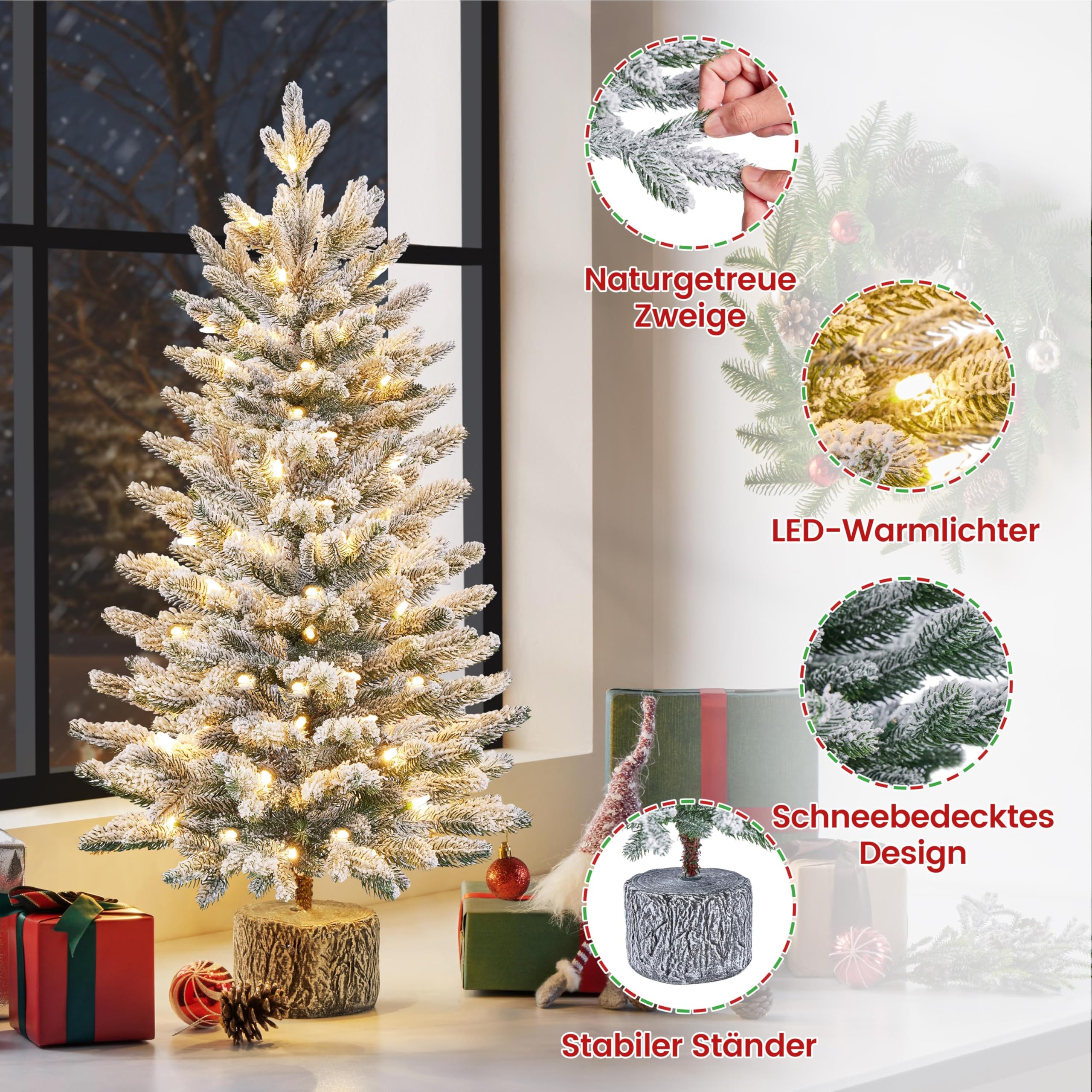 Yaheetech 92 cm Mini Künstlicher Weihnachtsbaum mit Schnee, Eingetopfter Tannenbaum mit 50 LEDs in Warmweiß und 355 Spitzen, Schneebedeckter Beflockter Kleiner Christbaum