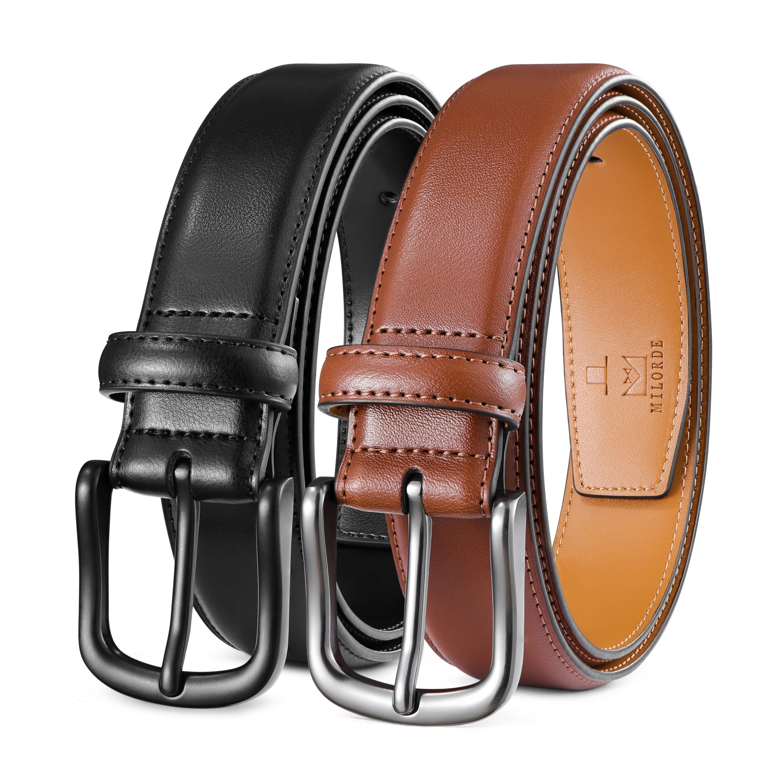 Milorde Men's 2Pack-Black604/Brown607 Leather Dress Belt 2Pack, Handmade, Genuine Leather, Fashion & Classic Designs For Work Business And Casual, 36 (Fits Waist 34"-35")