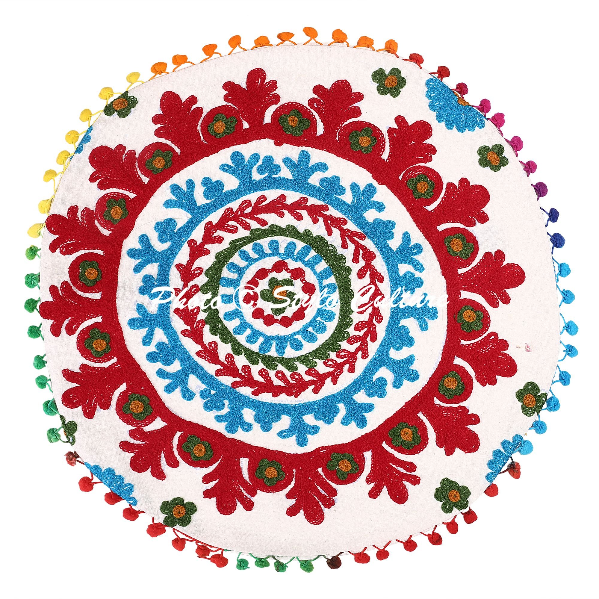 Stylo Culture Copricuscino Da Pavimento Indiano Per Posti A Sedere Copricuscino Suzani Ricamato Bianco 18x18 Piccolo Decorativo Rotondo Decor Seduta Tuffet Copri Pouf Poggiapiedi Cotone Floreale 1 Pz