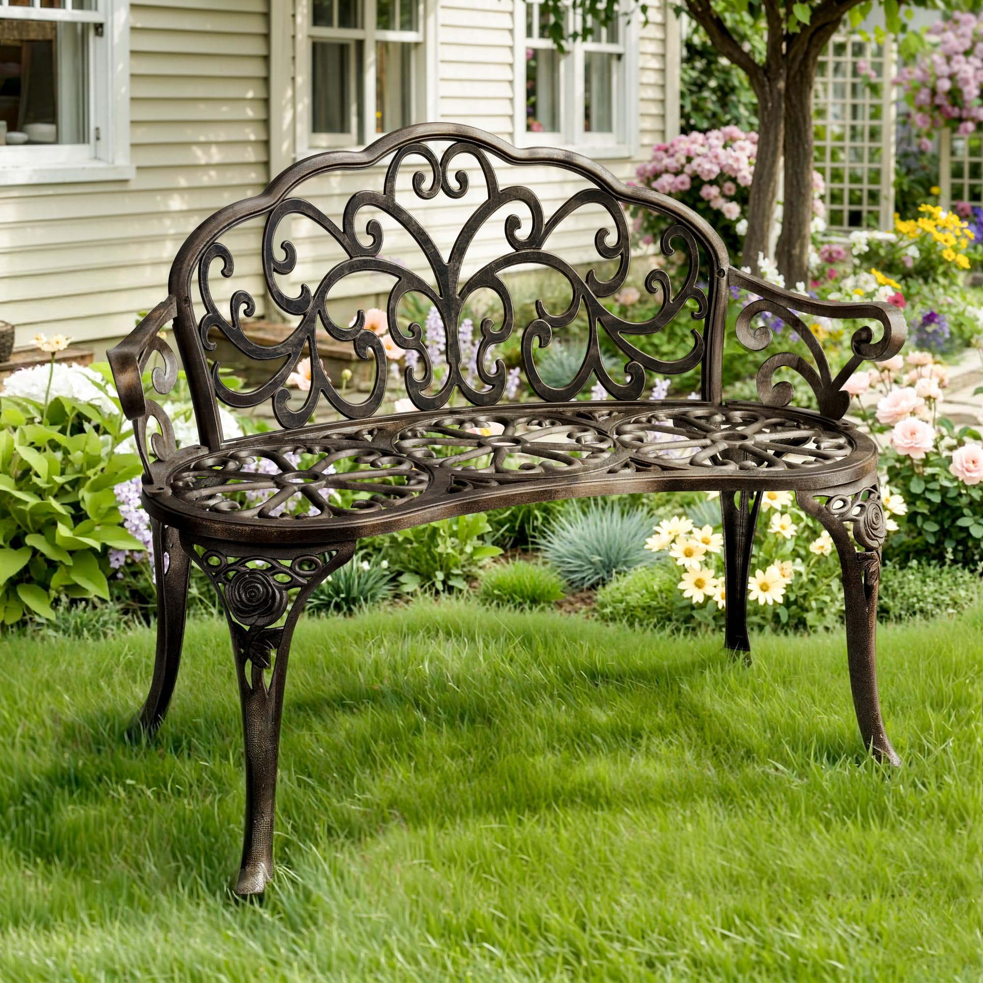 Pamapic Gartenbank 2 Sitzer, Gartenbank Wetterfest Alu mit Vintage-Schnitzdesign, Sitzbank Outdoor mit Rückenlehne und Armlehnen, Parkbank für Garten, Balkon, Veranda, Bronze