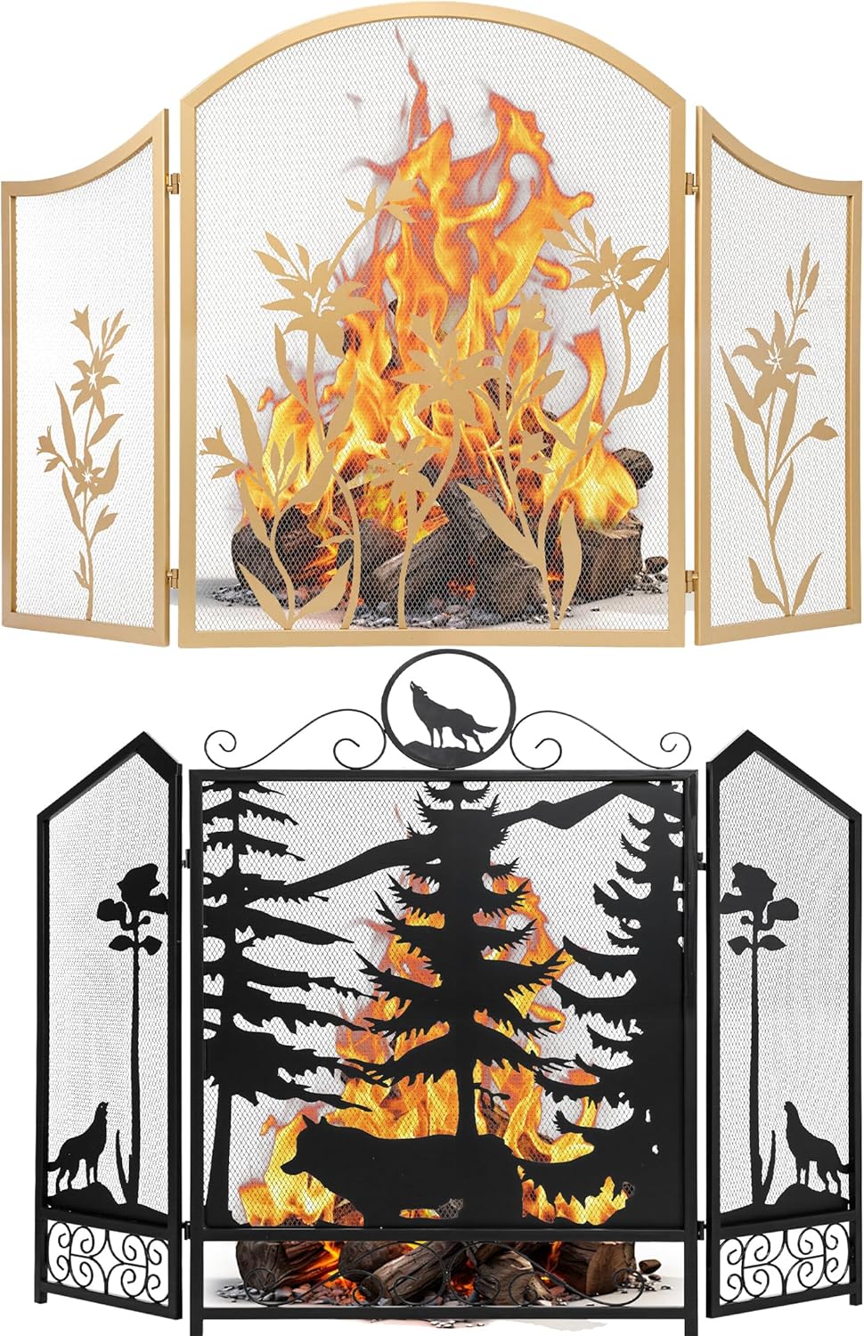 WICHEMI Fireplace Screen 3 Panel Folding Fireplace Screens Metal Furnace Fireguards Mesh Cover Baby Safe Proof Fence Spark Guard Cover Wrought Iron Fire Place Standing Gate (Style 5+Style 8)