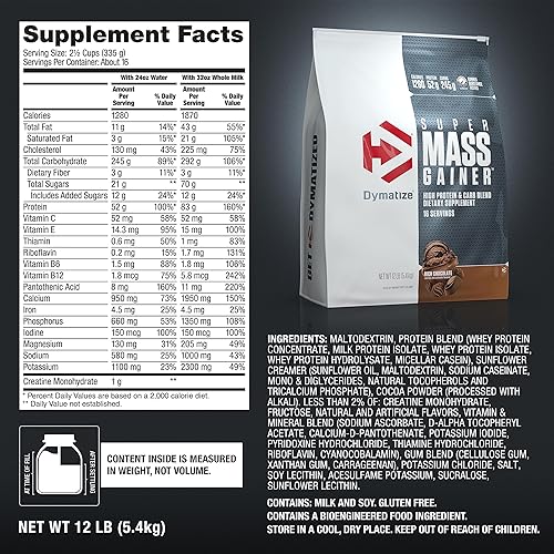 Miniatura 5 de Dymatize Polvo de proteína súper masiva, 1280 calorías y proteínas 52G, resistencia y tamaño de ganancia rápida, 10.7g BCAA, mezcla fácilmente, sabe