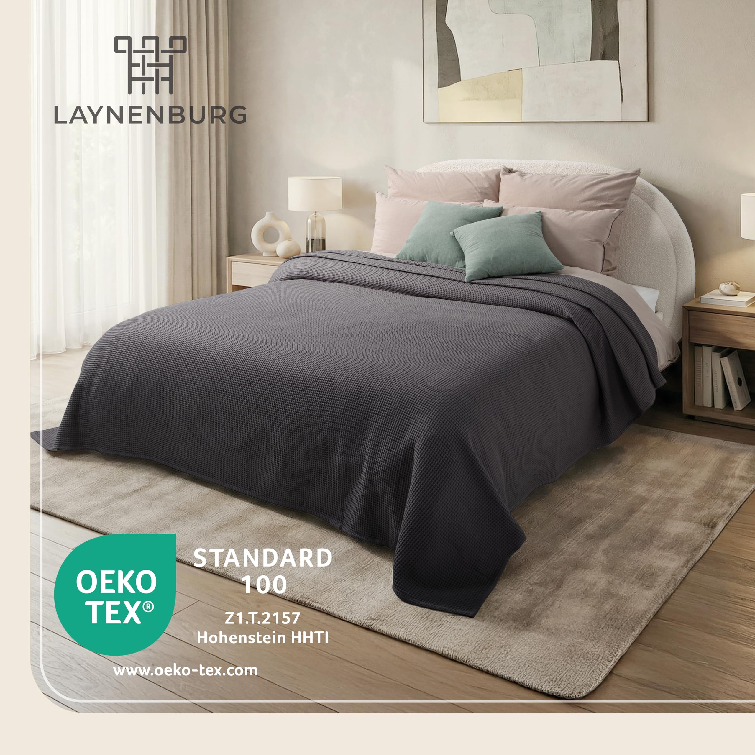 LAYNENBURG Premium Tagesdecke 150 x 200 cm - Waffelpique 100% Baumwolle - leichte Sommerdecke Waffeloptik - Baumwolldecke als Überwurf, Sofa, Couch-Decke (anthrazit)