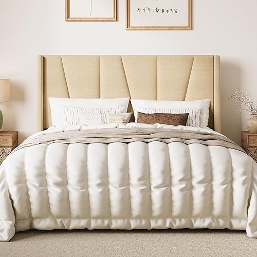 SHA CERLIN Base de cama tamaño Queen con cabecera geométrica con respaldo de ala, plataforma tapizada con soporte de listones de madera, espacio