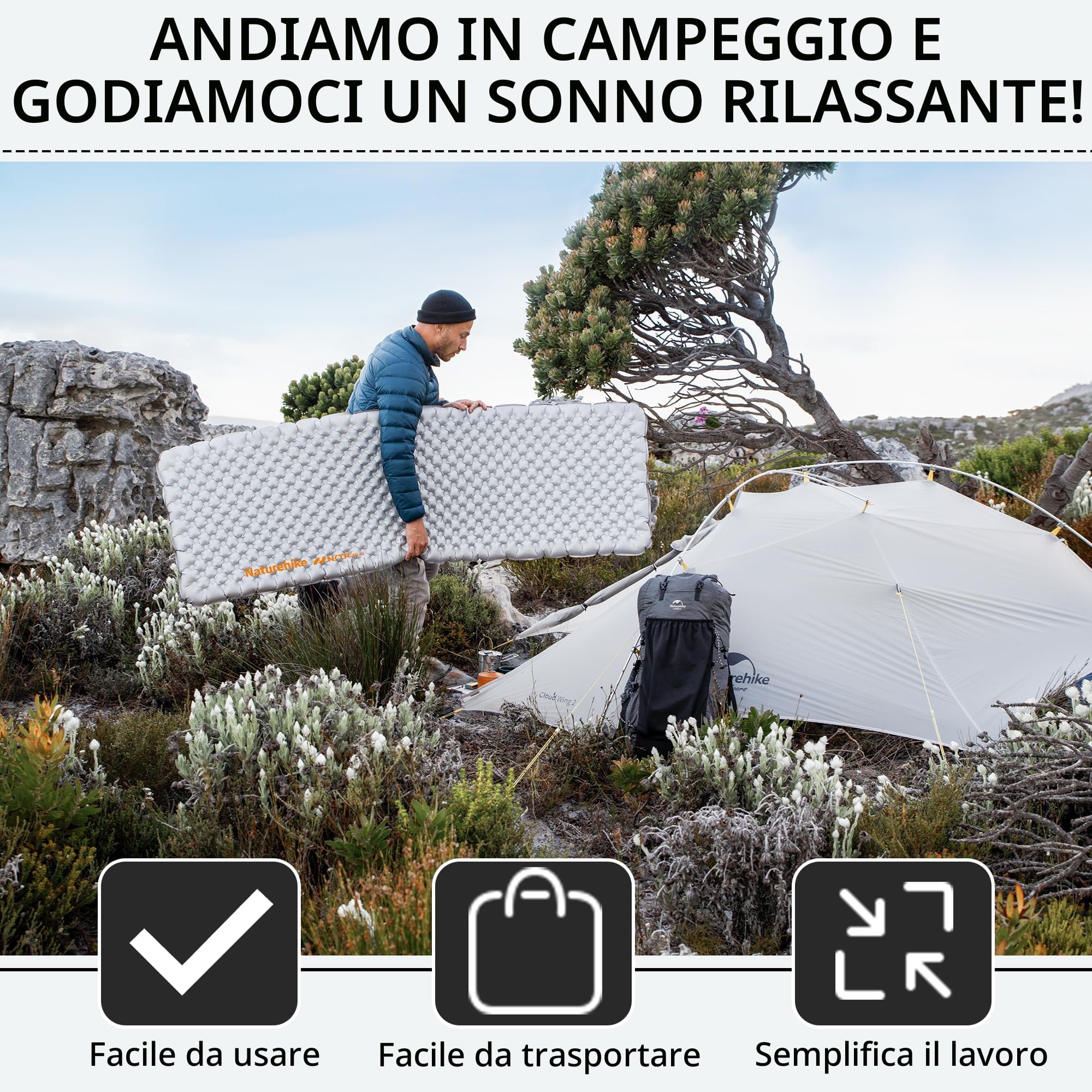 Naturehike Materassino da Campeggio Ultraleggero Materassino Autogonfiante Gonfiabile Portatile Impermeabile Durevole con Valore 3.2 R per Trekking Escursionismo Zaino in Spalla