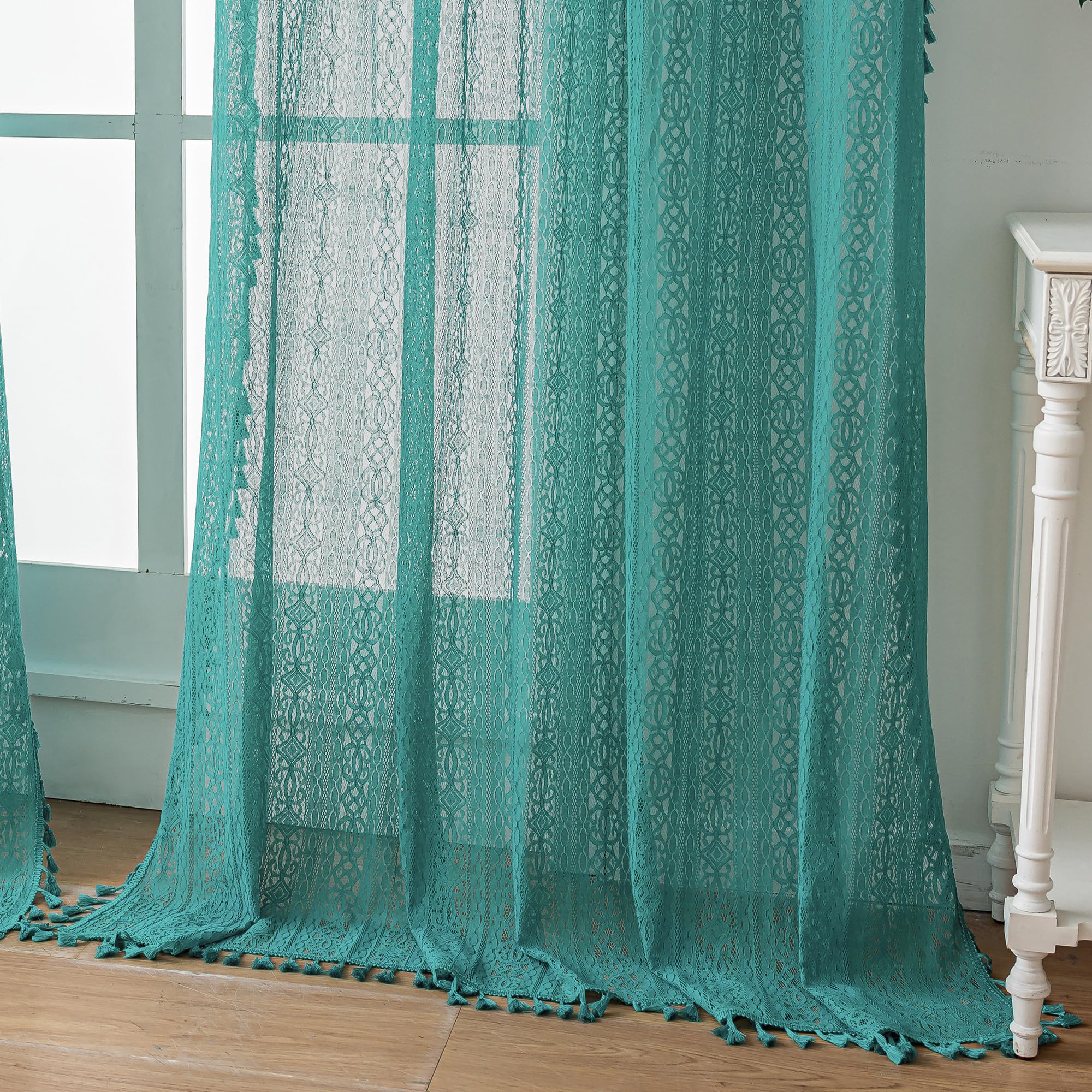WAZZIO Boho Lace Curtains 84 inch Curtains 2 Panel,Rod Pocket Vintage Bohemian Farmhouse Crochet Cotton Geometry Privacy Sheer Curtain Drapes Farmhouse for Living Room Bedroom,Teal