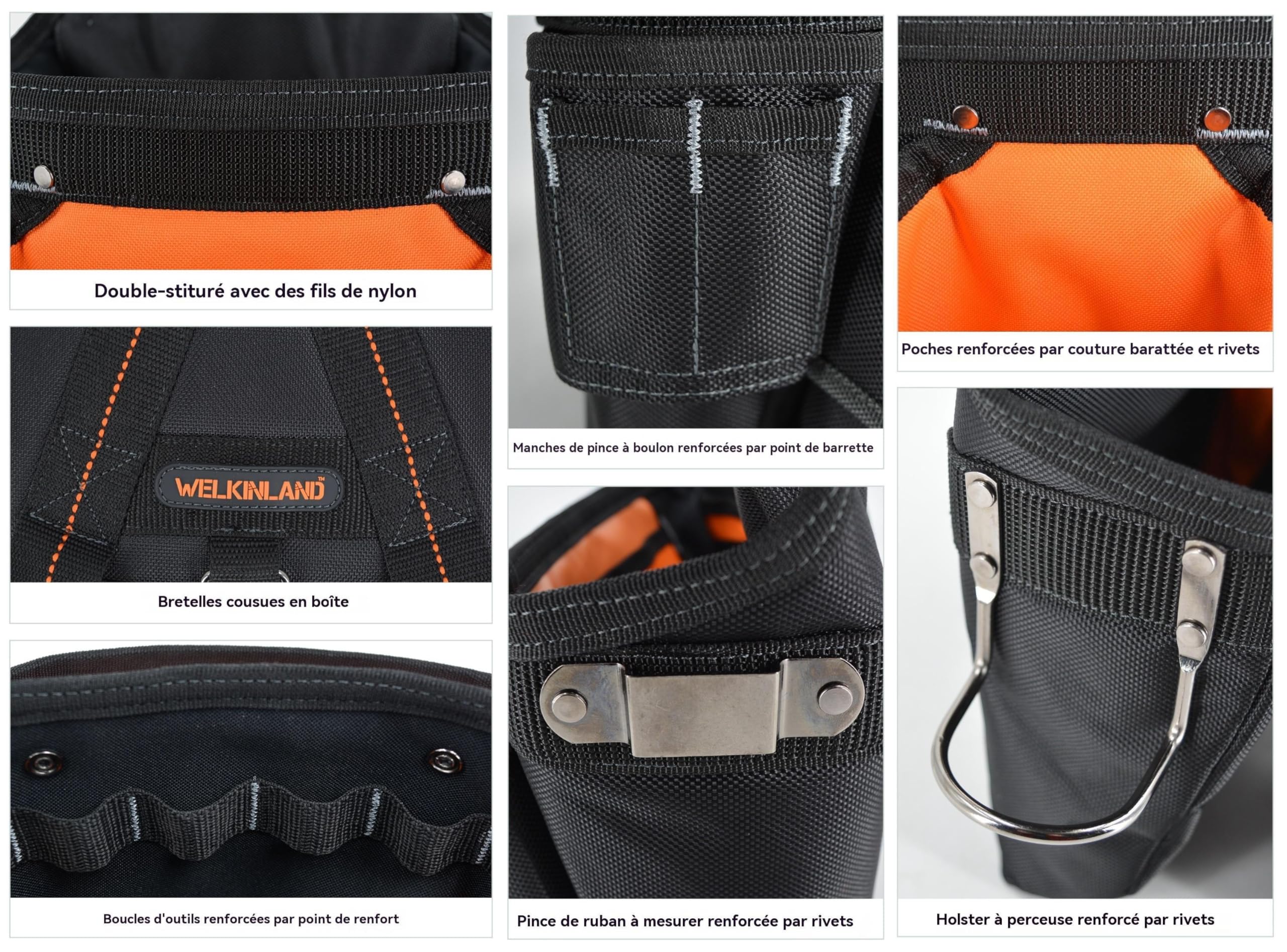 WELKINLAND Ceinture à outils avec 39 poches pour homme, avec bretelles, rembourrée de 10,2 cm, noire avec orange, taille unique (96,5-121,9 cm)
