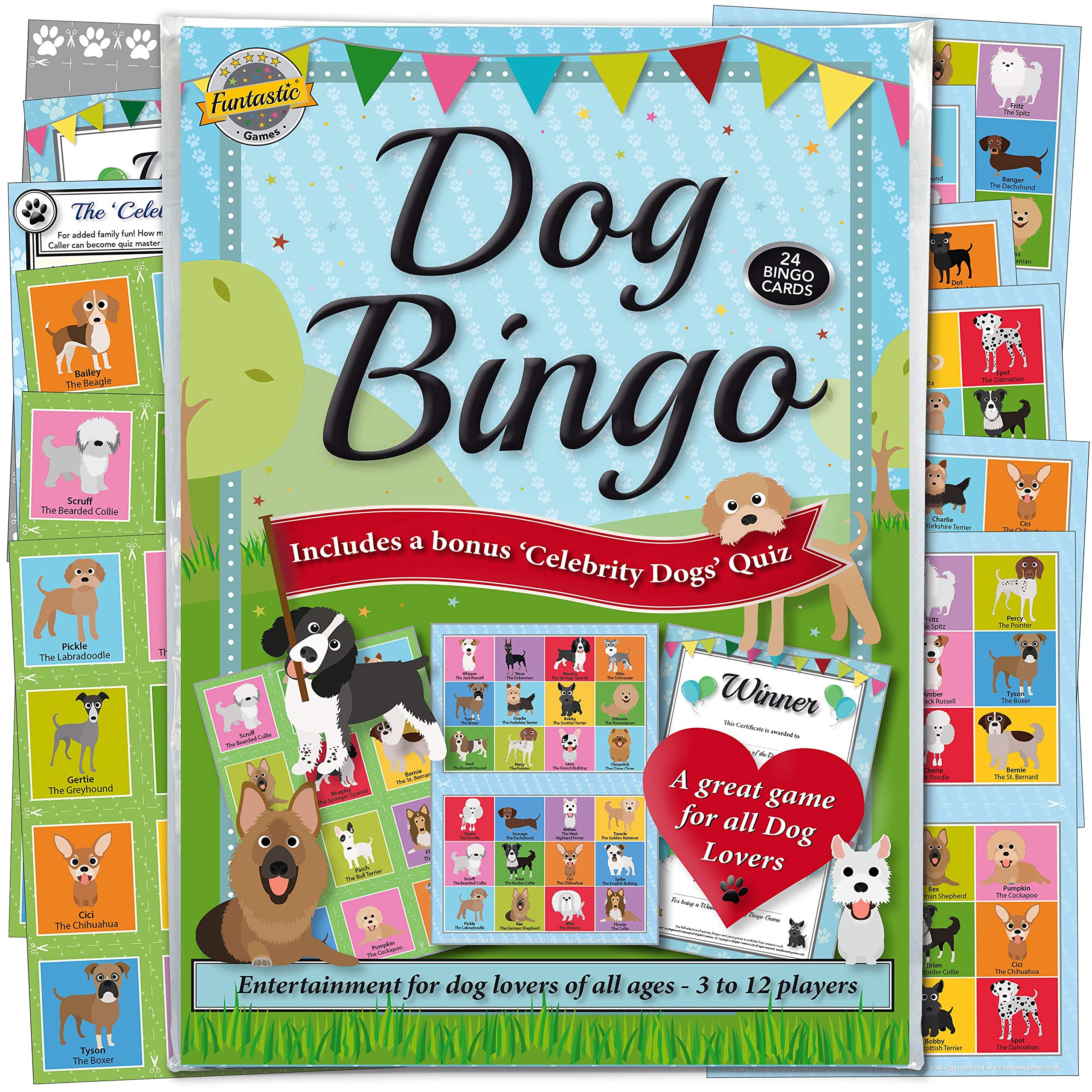 FuntasticDog Bingo & Quiz Game - Lotto fun for Dog Lovers of all ages. Great activity and party accessory idea for kids, family and groups.