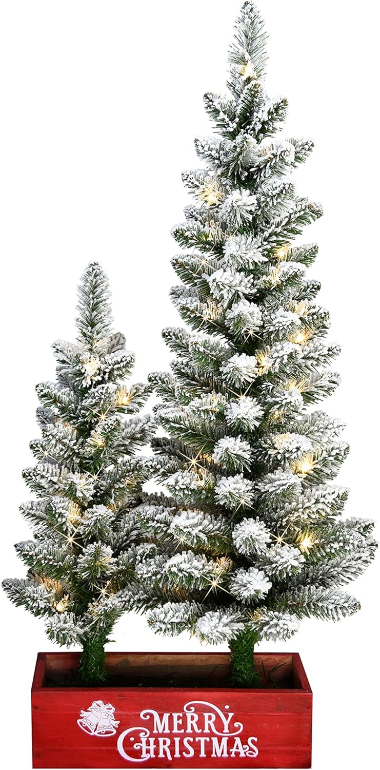 Puleo International 2'& 3 ft. Potted Flocked Artifical Pencil Christmas Trees with 50 Warm White LED Rice Lights