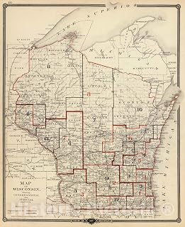 Historic Map : 1878 Map of Wisconsin Showing congressional and judicial districts. - Vintage Wall Art - 20in x 24in