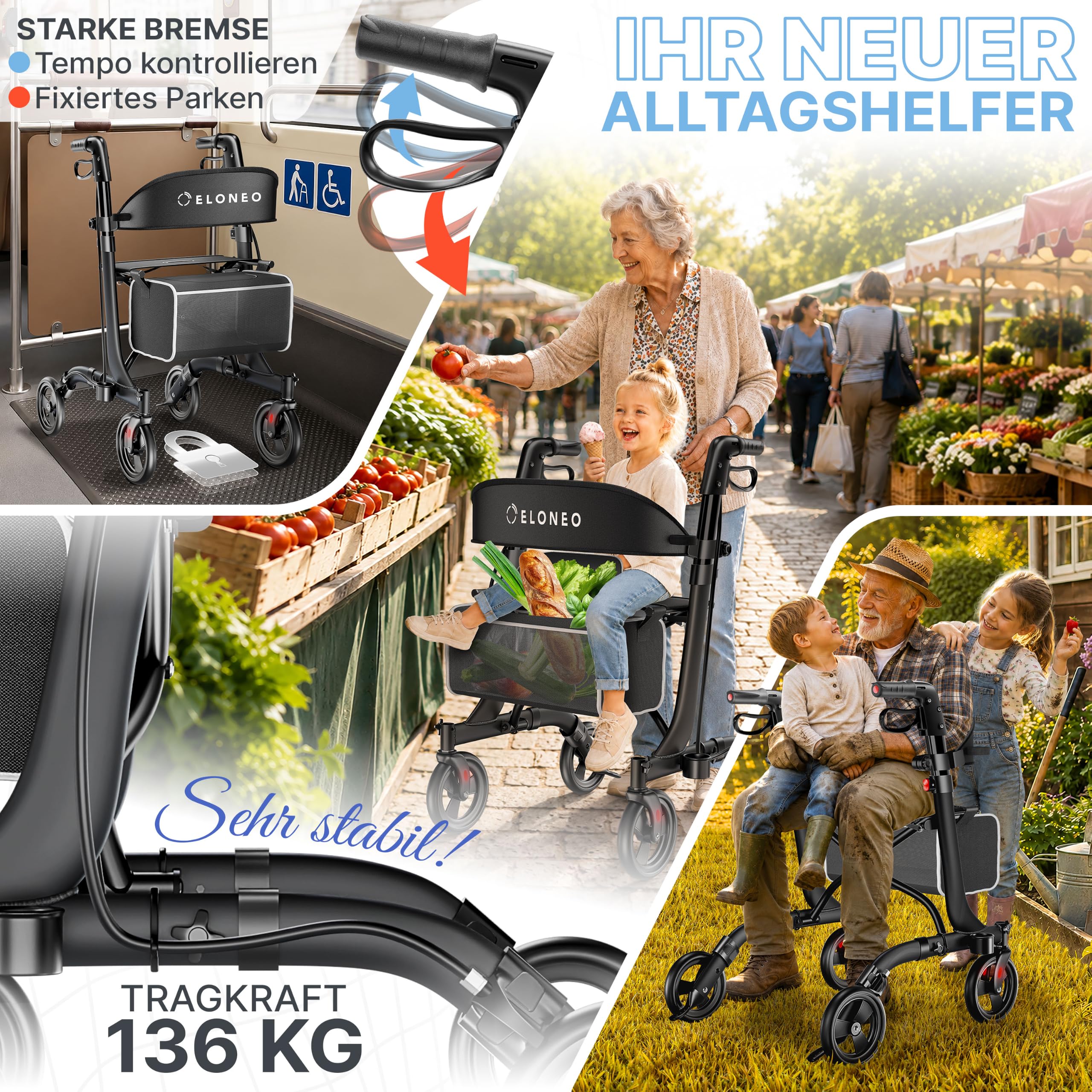 ELONEO Rollator faltbar und leicht mit Sitz - ultraleicht (5,1kg), Leichtgewicht-Reiserollator aus Aluminium, Gehhilfe höhenverstellbar und faltbar, Laufhilfe mit Tasche & Schirmhalter, schwarz