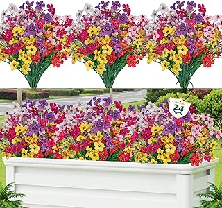 Lnoicy 24 Pcs Artificial Flowers for Outdoor,Plastic Flowers Decoration, UV Resistant Faux Flowers Shrubs, Artificial Plants for Indoor Outside Garden Home Wedding Farmhouse(6 Mix Colors