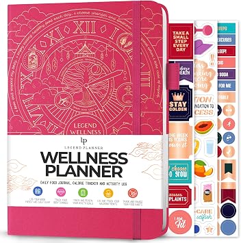Legend Wellness Planner & Food Journal Daily Diet & Health Journal with Weight Loss, Measurement & Exercise Trackers Lifestyle & Nutrition Diary Lasts 6 Months, A5 size Hot Pink