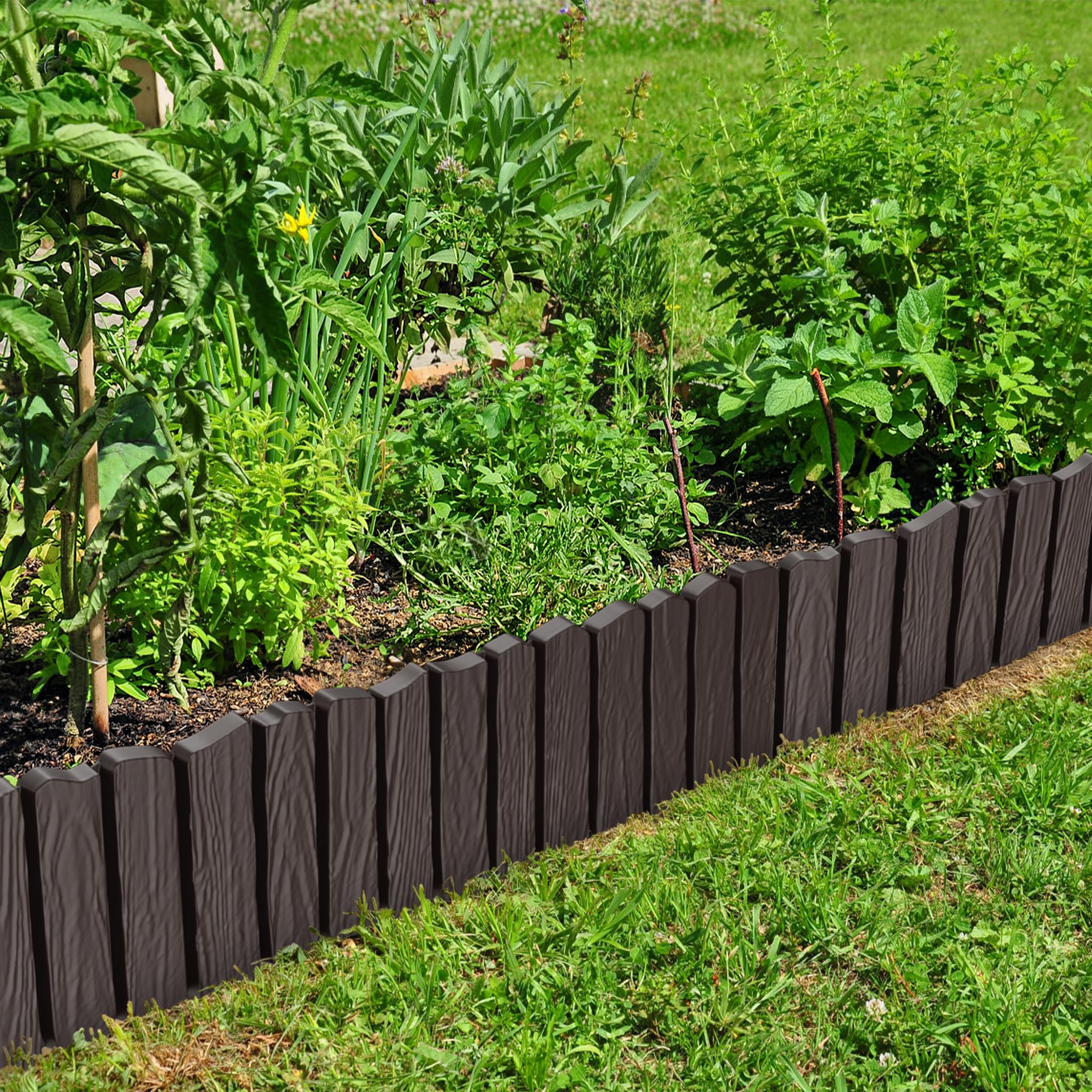 FIVMEN Rasenkante Kunststoff 4,6 m Holzoptik Beeteinfassung Beetumrandung mit 10 cm Stifte Holzmaserung imitiert Mähkante Palisade Gartenzaun für Garten, Braun