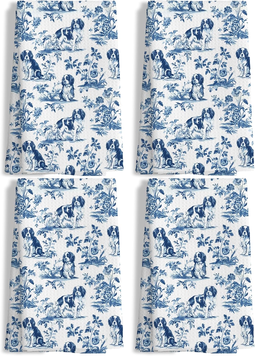 Chinoiserie Cavalier King Charles Spaniel Kitchen Towels Set of 4,Blue and White Floral Cavalier Spaniel Decorative Dish Tea Towels,Grandmillennial Dog Hand Towels for Kitchen Bathroom,16x24Inch