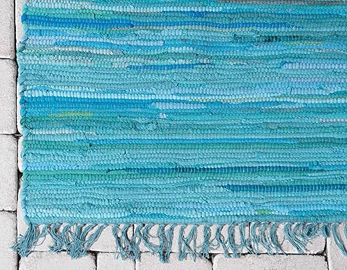 Miniatura 8 de Unique Loom Chindi Cotton Collection - Alfombra suave tejida a mano de fibra natural a rayas, 2 pies 2 pulgadas x 3 pies, turquesamarfil