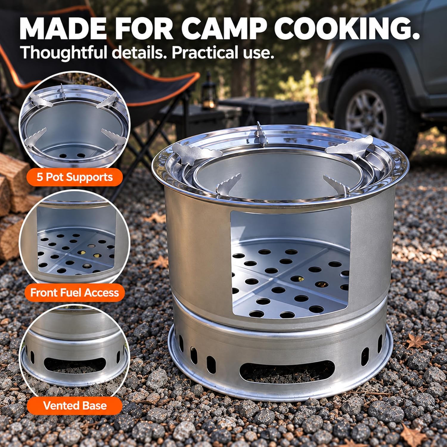 4-in-1 Wood Burning Camping Stove Set, Grill Pan, BBQ Plate & Skewer Rack image 4
