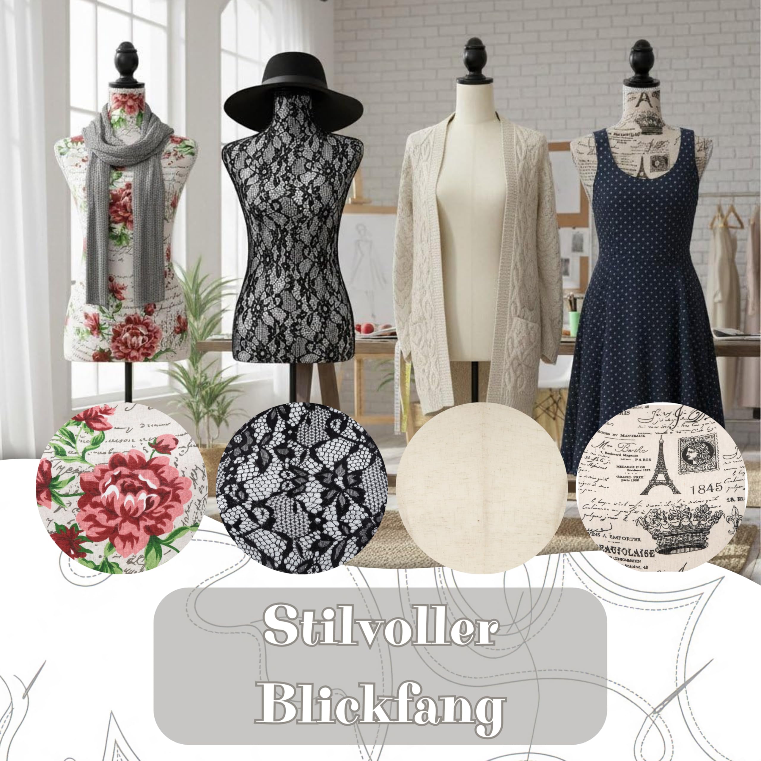 Semplix Deko Schneiderbüste–Schneiderpuppe aus Styropor (EPS) mit Baumwollbezug & Holzstativ, höhenverstellbar, Elegante Deko Schneiderpuppe für Atelier, Boutique & Dekoration (Leinenbezug)