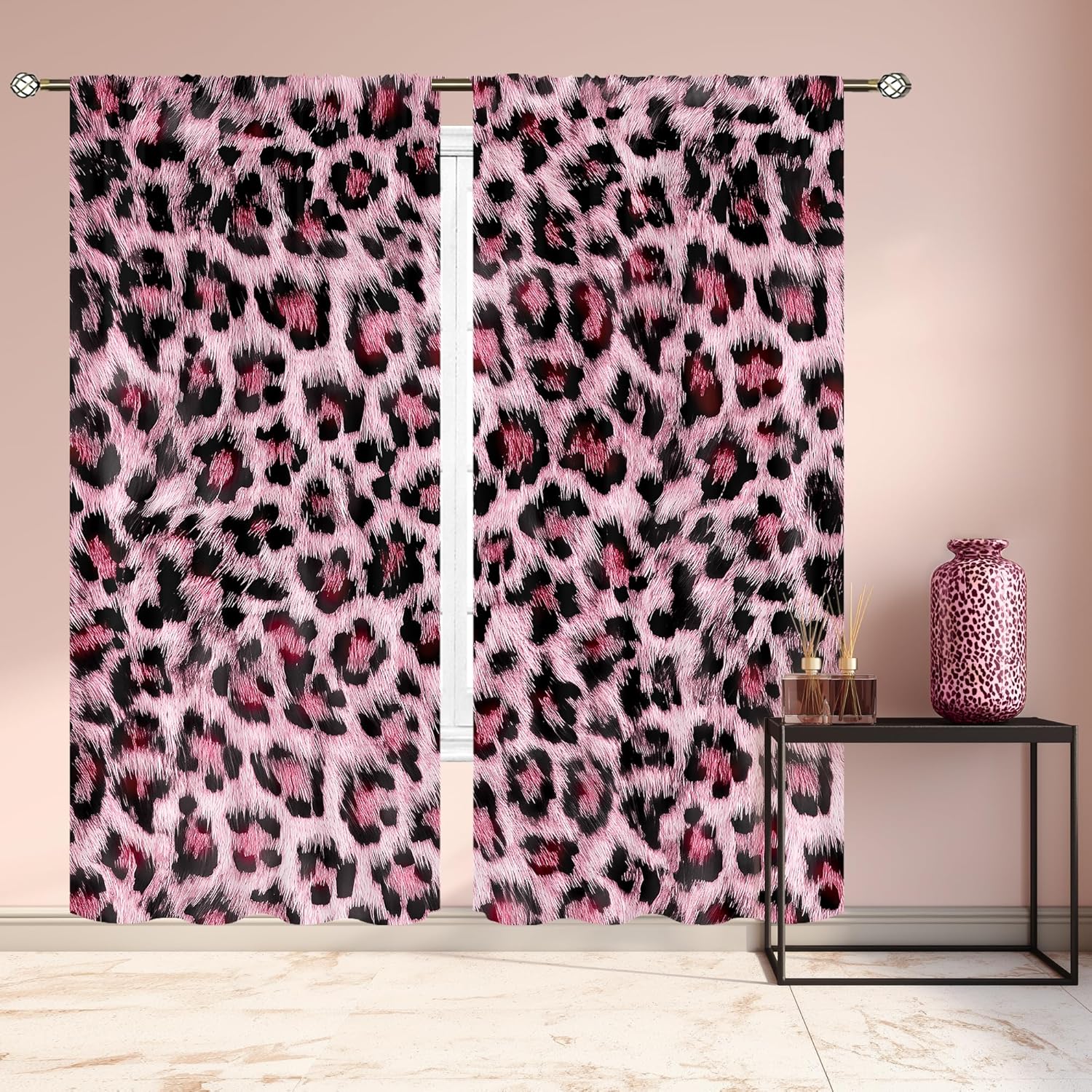 Cinbloo Pink Leopard Print Curtains 52Wx84H Inch Rod Pocket Vintage Wild Safari Skin Pattern Powerful Wildlife Art Printed Retro Fashion Living Room Bedroom Window Drapes Treatment 2 Panels