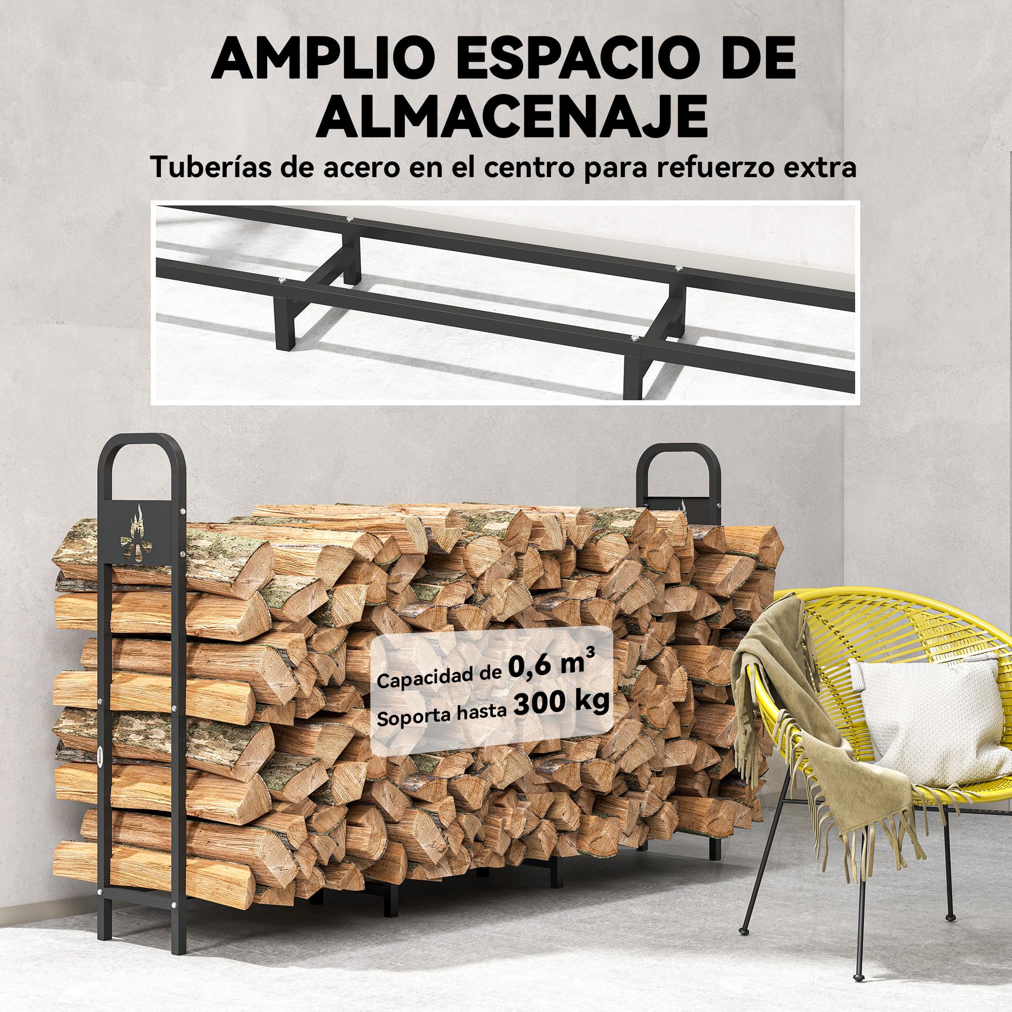 Outsunny Estante de Leña Metálico, 200x30x120 cm, Carga 300 kg, Leñero Exterior con Marco de Acero, Patas Extra Reforzadas y Diseño Recortado de Fogata, Soporte para Leña de Chimenea, para Jardín
