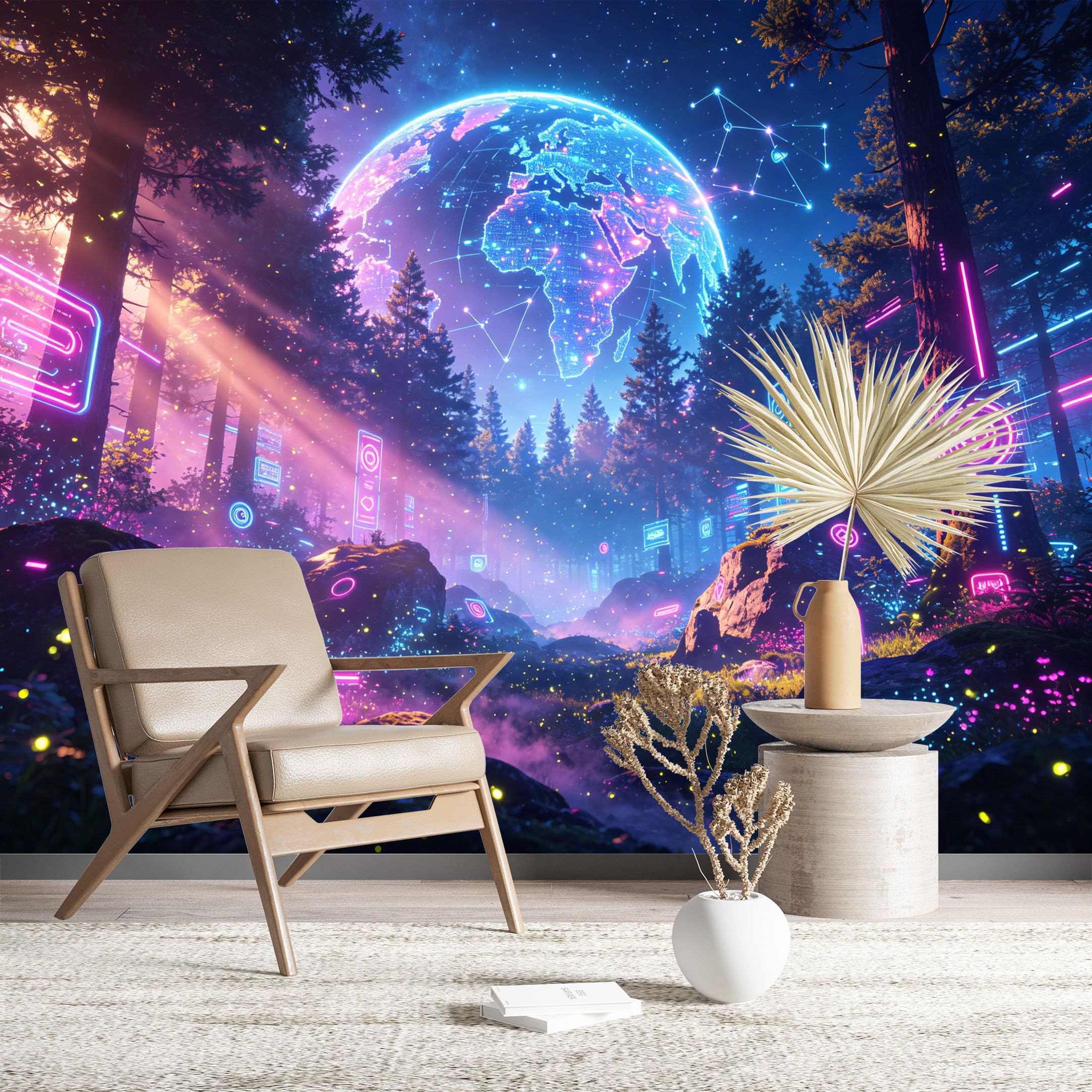 Custom Size Wall Murals Neon Forest with Digital Earth Wall Murals Fantasy Wallpaper Wall Stickers Self-Adhesive Removable Wallpaper for Living Room Home Decor