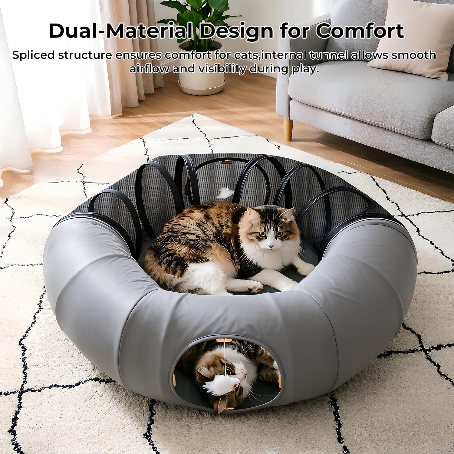 COZIWOW Cat Tunnel Bed for Indoor Cats, 2-in-1 with Splicing Design & Dual Material Cushion, Adjustable & Foldable Shape, Cat Donut Tunnel with Washable Cushion for Kitten/Bunnies(Grey)