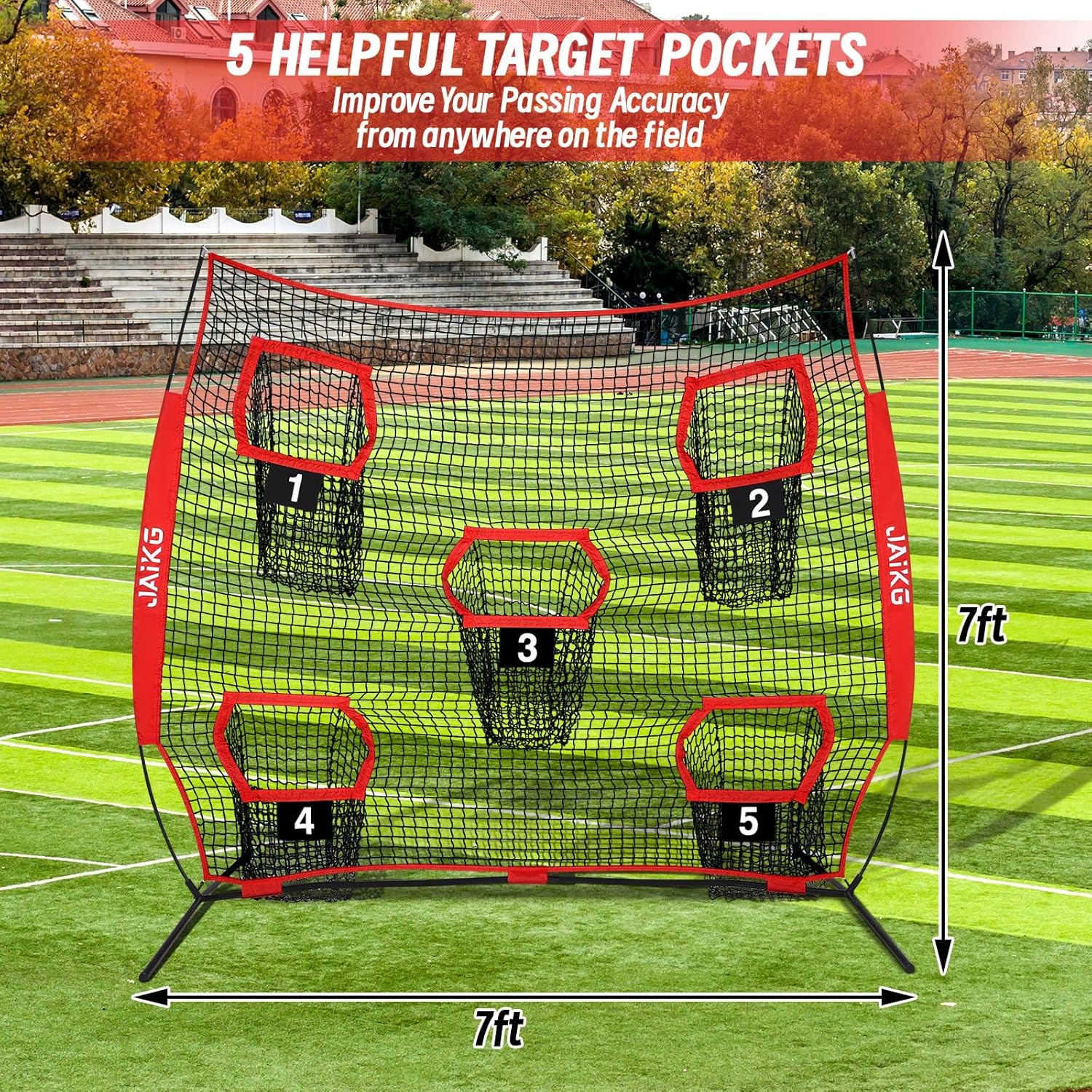 Football Training Net with 5 Target Pockets - 7' x 7'-back Throwing Practice Gear - Includes Carrying Bag, Black