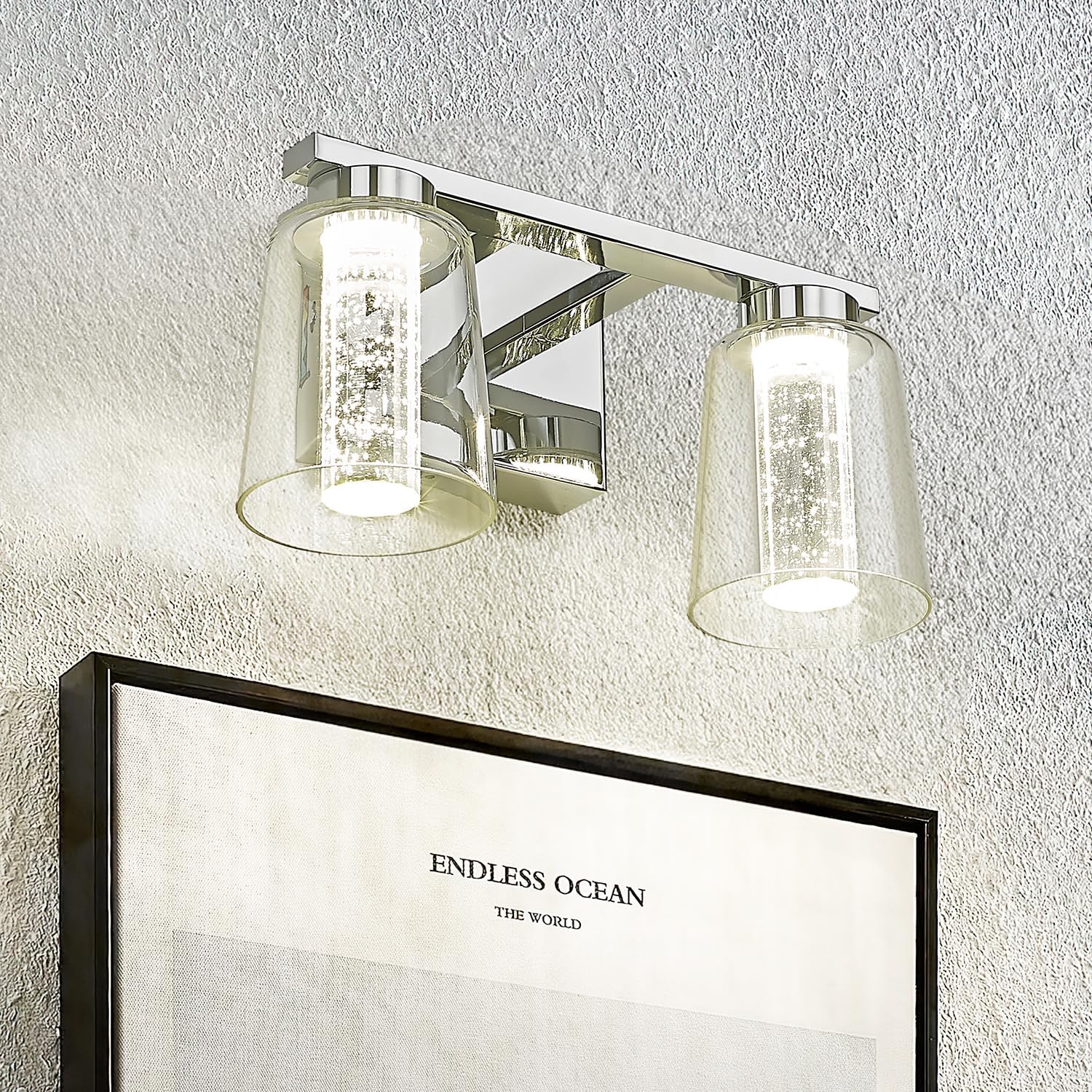 kudos Chrome Bathroom Light Fixtures, 2-Light Modern LED Vanity Light with Crystal Bubble and Clear Glass, 3000K/4000K/5000K Adjustable, KDVL03-CH-2 2 Light, 13 Inch Chrome