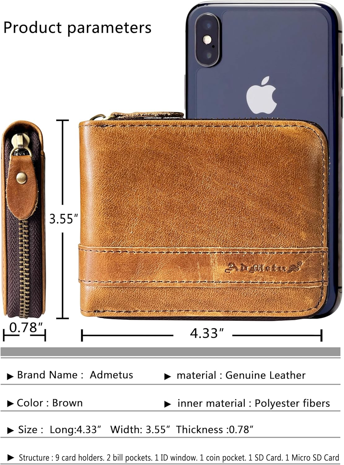 Admetus Men's Genuine Leather Short Zip-around Bifold Wallet - Image 5