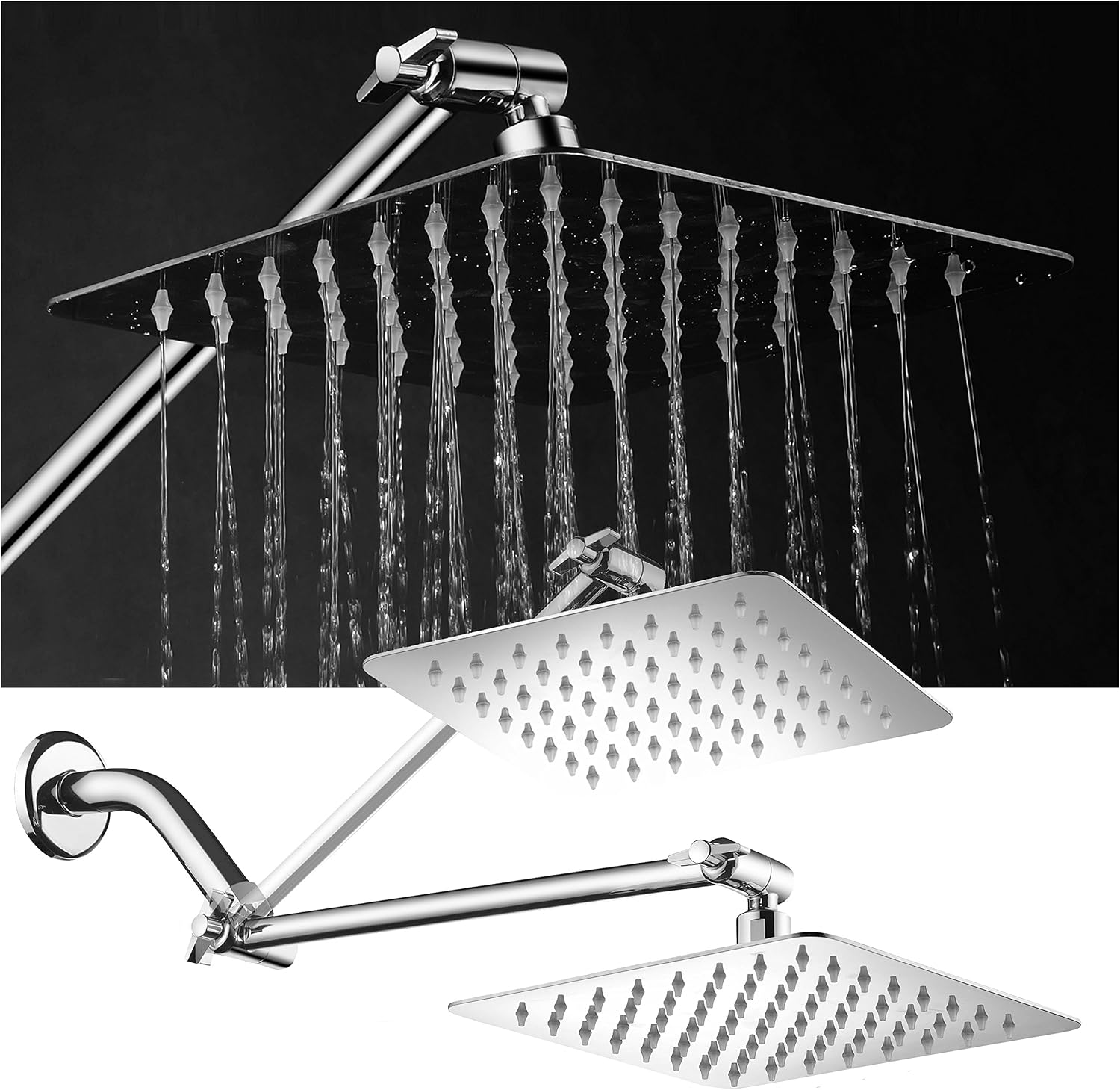 HotelSpa Large 8 inch Stainless Steel Slimline Square Rainfall Showerhead with Solid Brass Adjustable Extension Arm