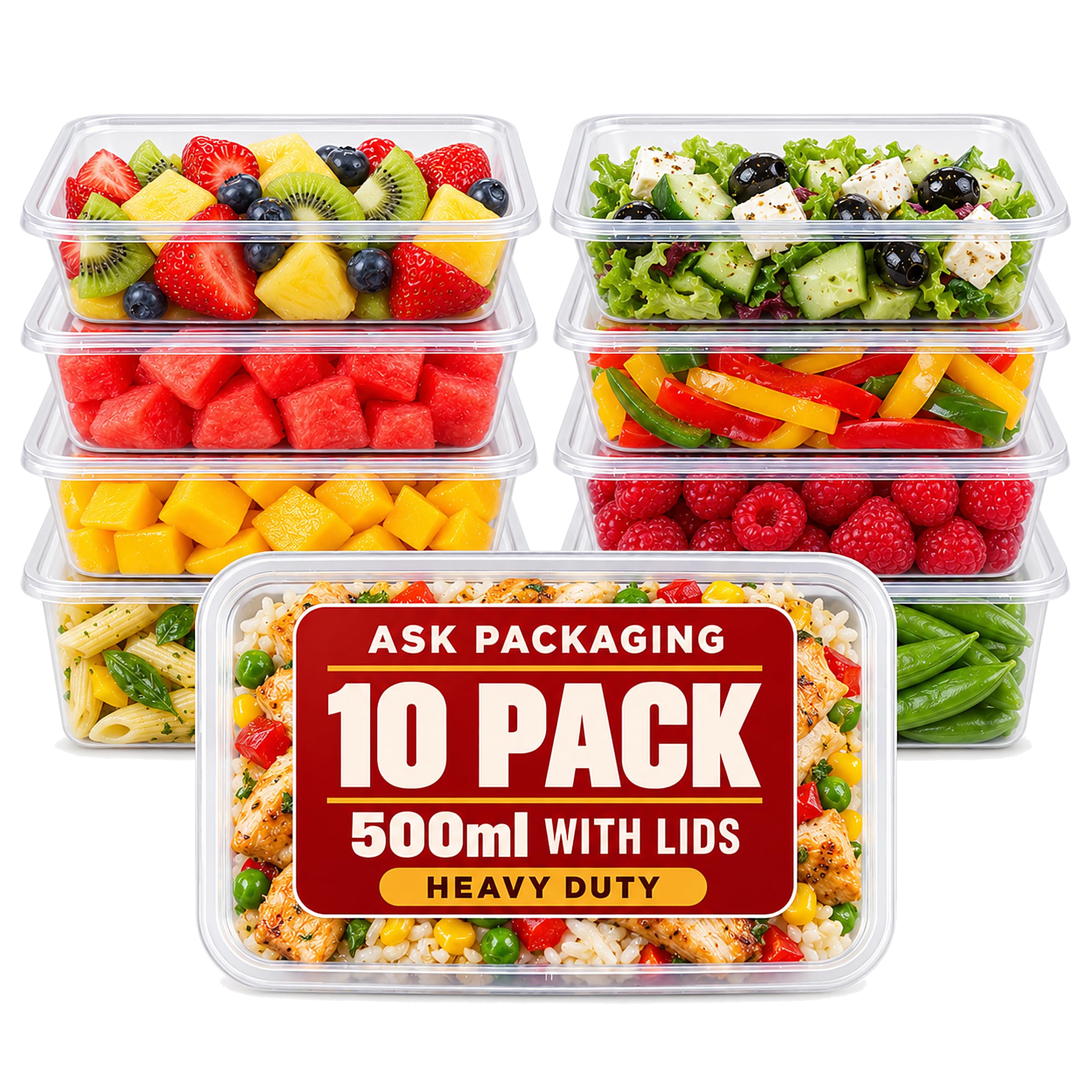 Ask Packaging 10 x 500ml Plastic Food Containers with Lids – Reusable Heavy Duty Microwave Safe Takeaway Meal Prep containers – Freezer Safe Catering Grade Food Storage Boxes for Home & Everyday Use — image 1