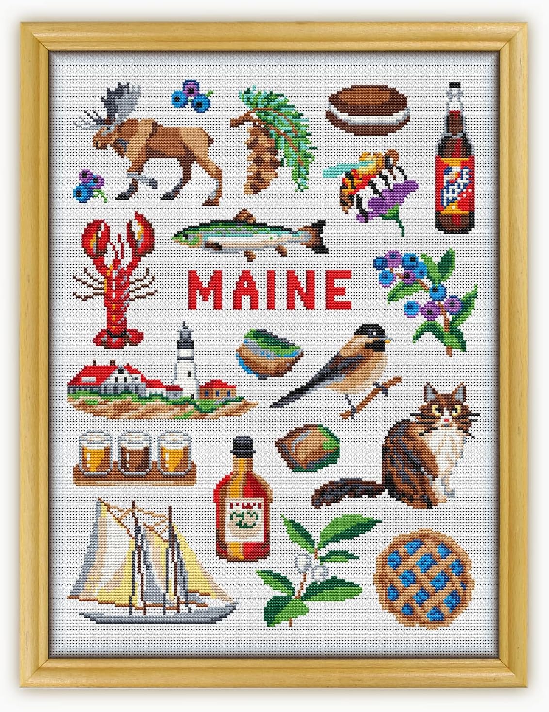 Maine Collection CS1920 - Counted Cross Stitch KIT#2. Set of Threads, Needles, AIDA Fabric, Needle Threader, Embroidery Clippers and Printed Color Pattern Inside.