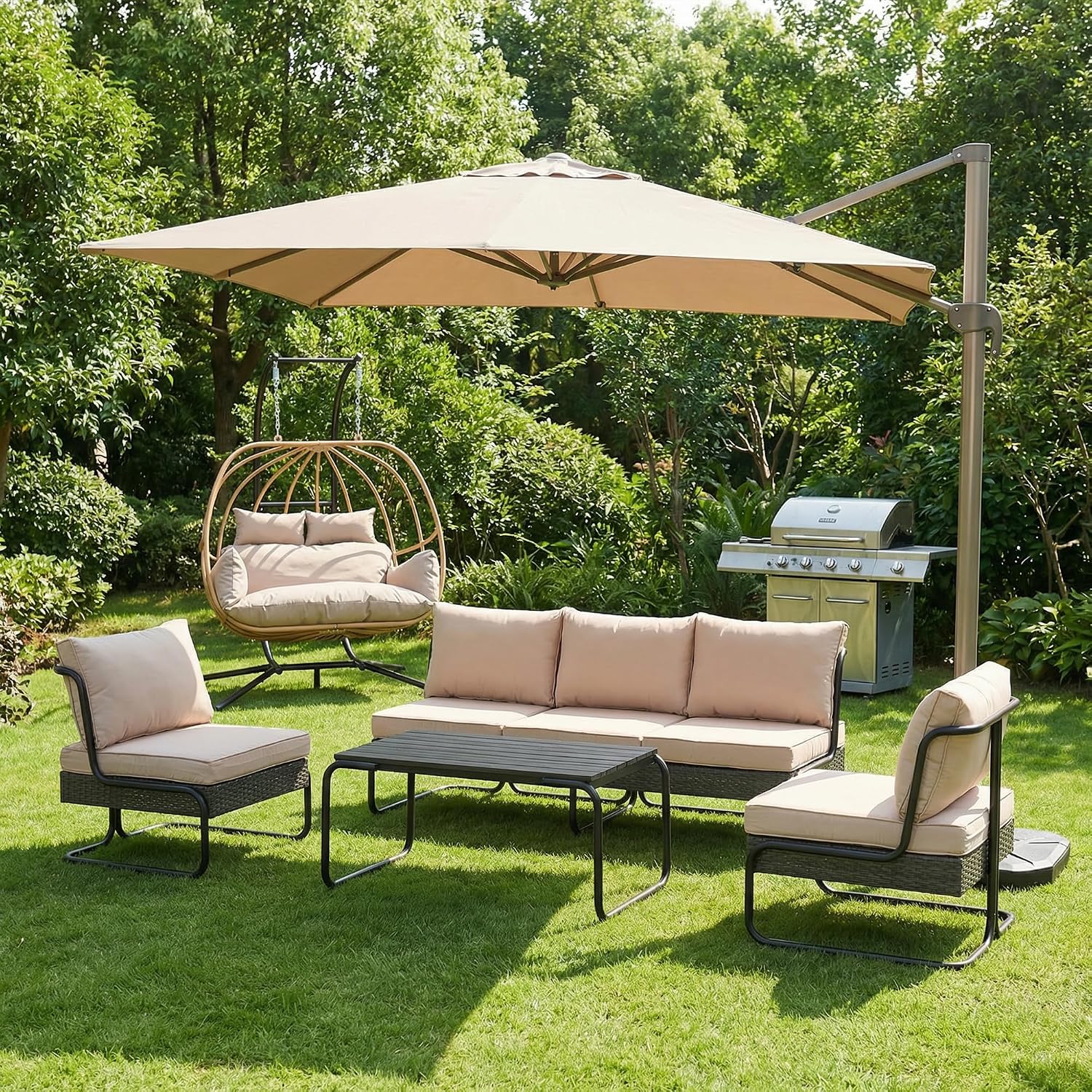 4 Piece Patio Furniture Set, Modern Patio Conversation Set for 5, All Weather Bistro Furniture Set, Metal Patio Sofas Outdoor Sectional with Coffee Table and Cushions for Lawn/Garden, Khaki