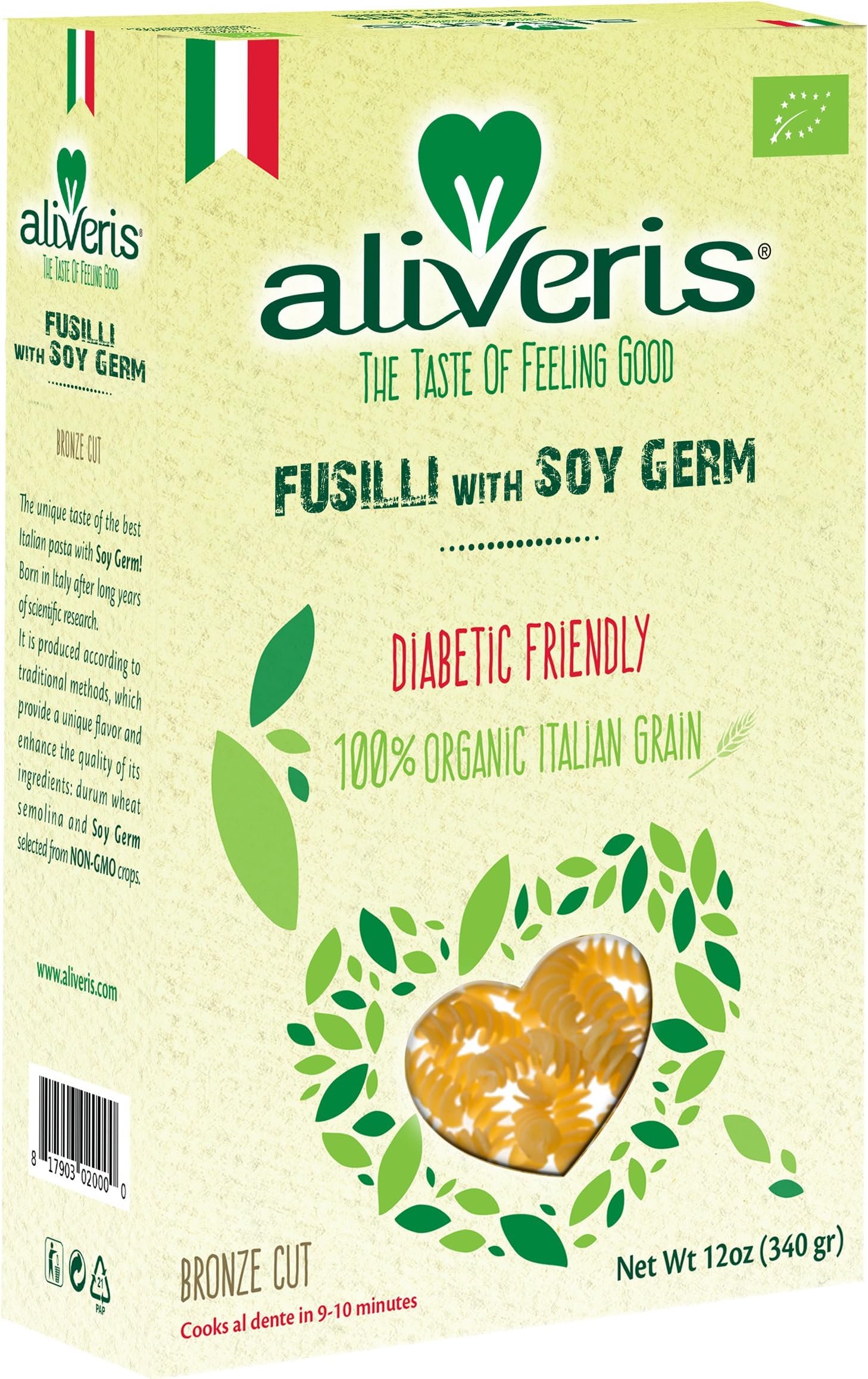 Aliveris Diabetic Friendly Pasta with Soy Germ – Fusilli – NON-GMO- Vegan – Bronze Cut - Made in Italy - 12 Ounce (Pack of 1)