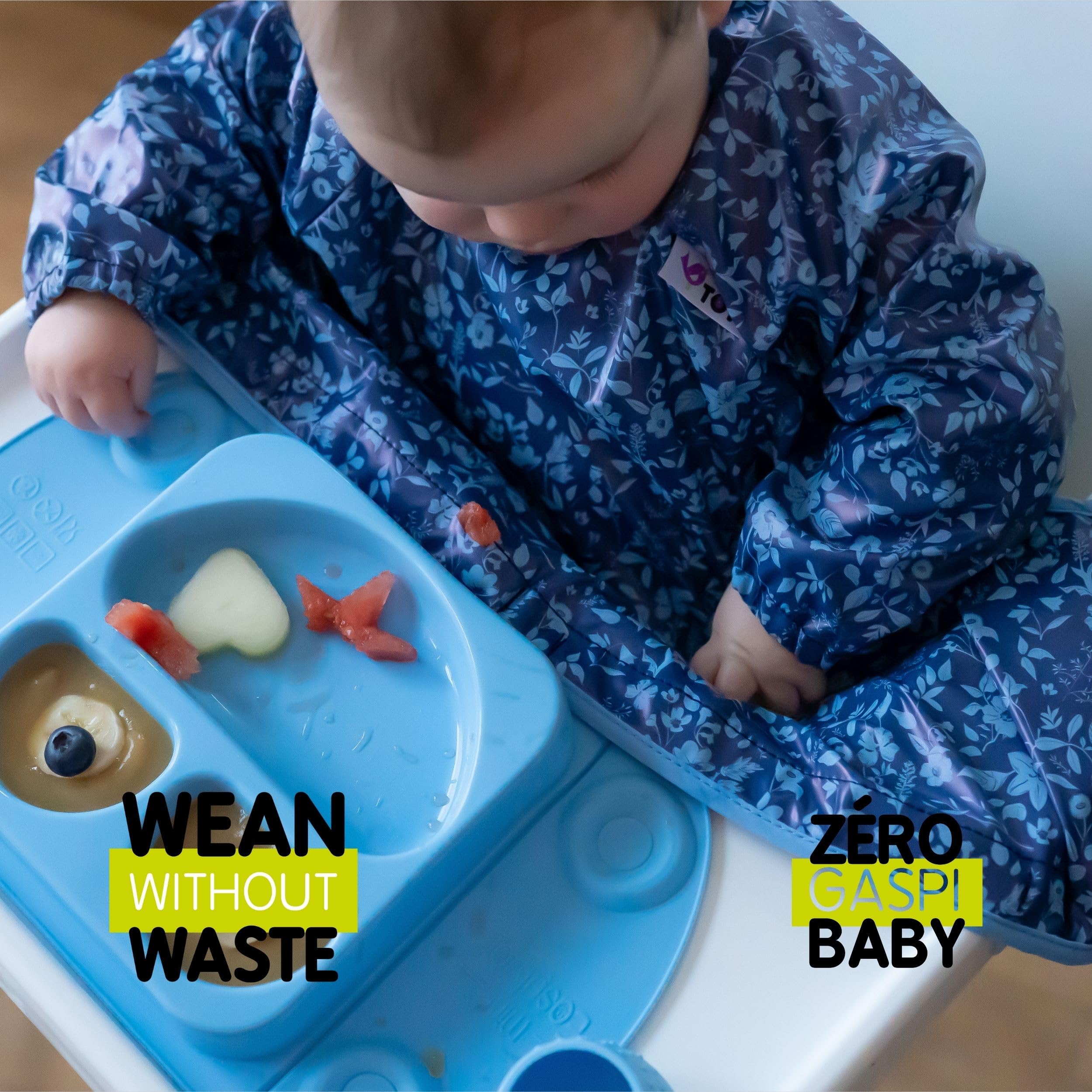 Tidy Tot®™ Cover & Catch™ Weaning Bib with Sleeves. Attaches to Highchairs with Suction for Mess Proof Baby Feeding. Waterproof Long Sleeved Bibs. Coverall BLW Bibs - Image 4