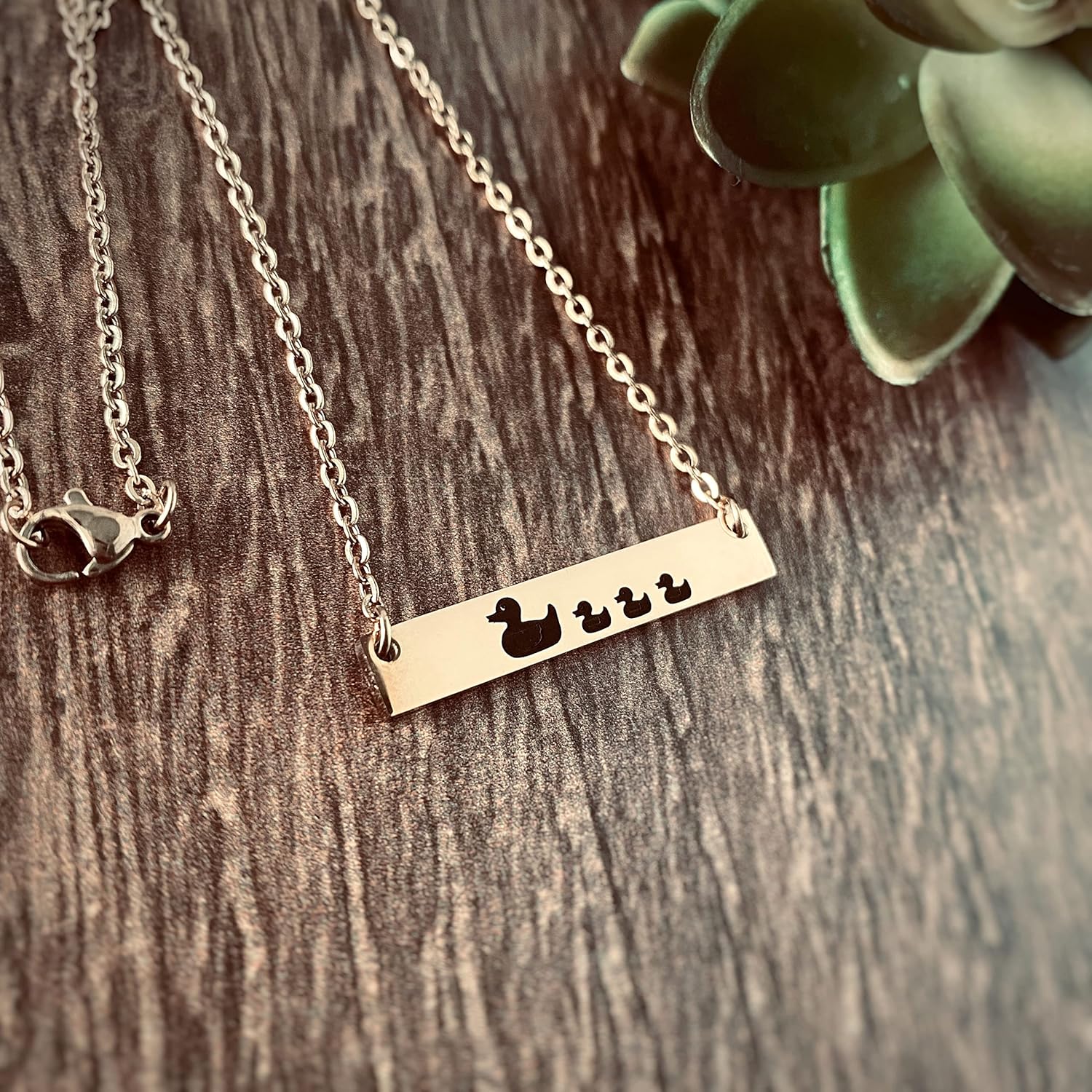 Mama Duck with Ducklings Jewelry for Women, Mother's Horizontal Bar Necklace, Silver, Rose Gold or Yellow Gold in 16, 18, or 20 inch