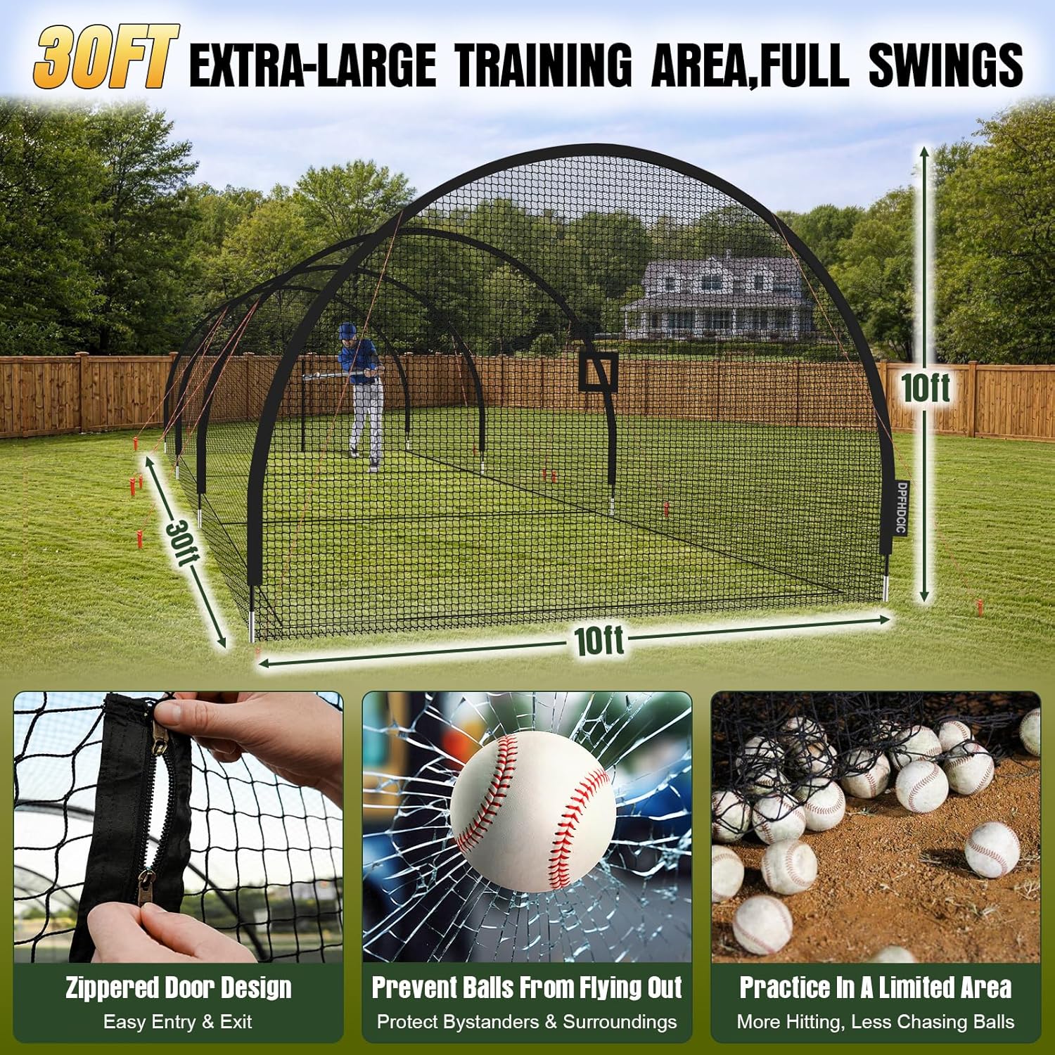 Baseball Batting Cages for Backyard 30ft x 10ft x 10ft Baseball & Softball Cage Net with Zipper Door 4-Ply Reinforced Netting Portable Batting Cage for Backyard & Outdoor Lawn Training