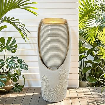 32" H Outdoor Garden Fountain with LED Lights, Modern Ceramic Jar Water Feature, Tropical Leaf Embossed Pattern, for Patio