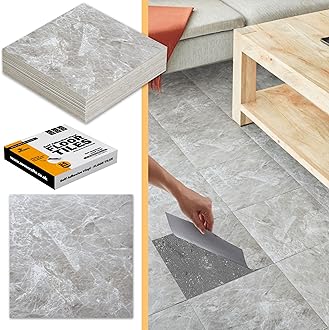Vinyl Floor Tiles Self Adhesive - 50 Pack To Cover 50 sqf (4.65 sqm) | Each Sticker Tile Size 12x12In (30.5 x 30.5cm) - Peel and Stick Vinyl Floor Tiles | Light Grey Marble Effect
