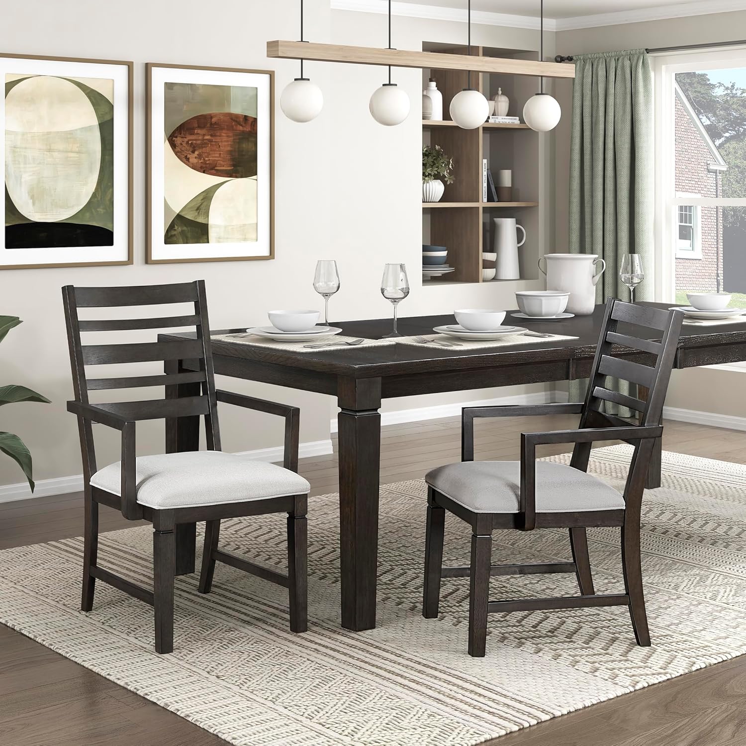 Lexicon Dining Arm Chairs Set of 2, Wood Frame and Beige Textured Fabric Upholstered Seat, Ladder Back, Accent Seating with Arms for Dining Room, Kitchen Table, Office, Easy Assembly, Dark Espresso