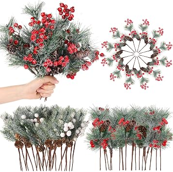 Blosssound 36 PCS Christmas Artificial Pine Branches with Snow Spray Red Berry Stems Pine Needles Faux Pine Picks Snow Floral Pine Cones for DIY Crafts Christmas Tree Garland Wreath Holiday Decor