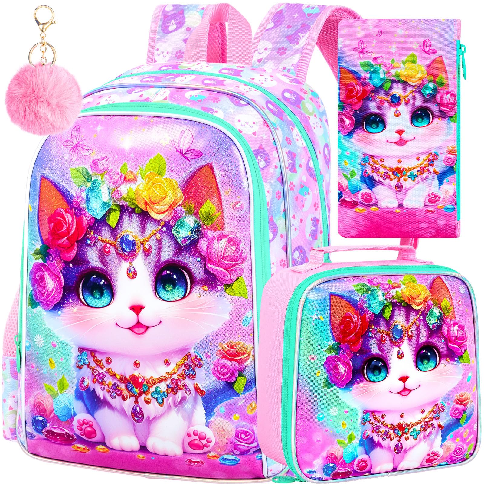 FTJCF 16" Cat Backpack for School, Girls Kids Bookbag with Lunch Box，3Pcs Backpacks for Elementary Preschool Kindergarten (Pink)