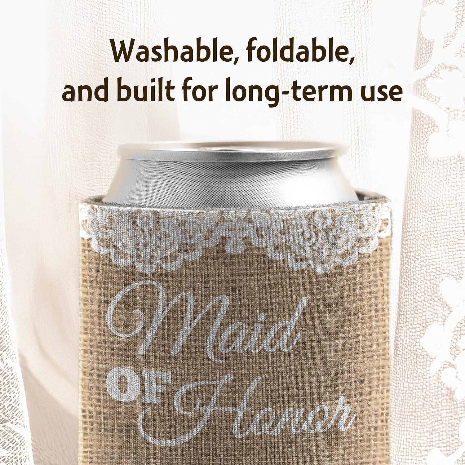 VictoryStore Burlap Rustic Wedding Party Can Coolers – Maid Of Honor Design – Foam Insulated Beverage Sleeves for 12-16 oz Cans & Bottles – Wedding Favors, Bachelorette Party Gifts