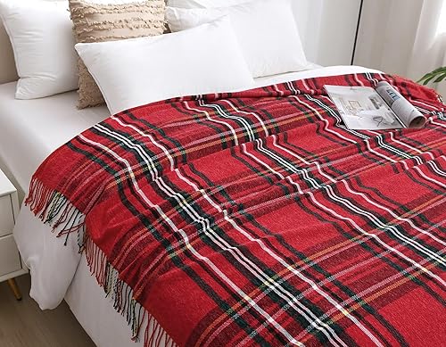 Miniatura 4 de Manta de chenilla, manta de cuadros rojos con borlas, acogedora y suave, para sofá, cama, decoración navideña del hogar, 50 x 60 pulgadas