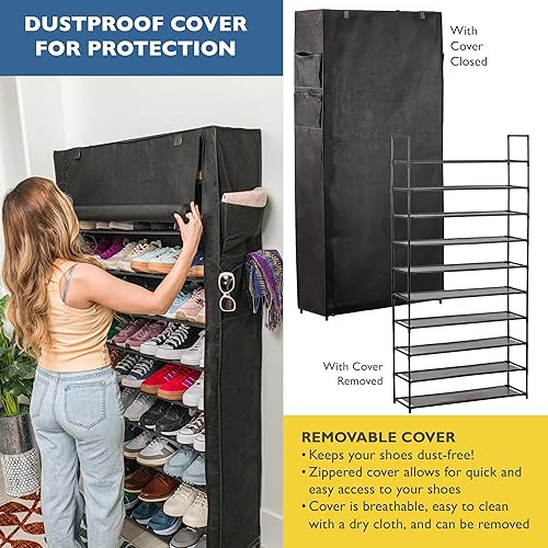 Miniatura 4 de Sundaze Zapatero con tapa, zapatero de 10 niveles para entrada de puerta delantera, organizador de zapatos alto resistente para dormitorio, armario,