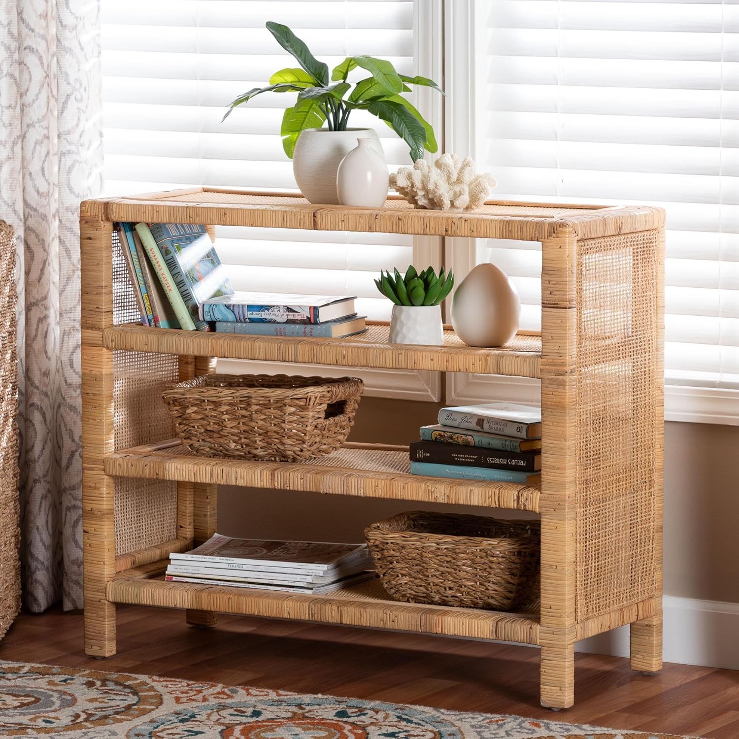 Bali & pari Abelia Natural Rattan 4-Tier Display Shelf - Handwoven Boho Coastal Bookcase or Entryway Storage, Lightweight Wicker Accent Furniture