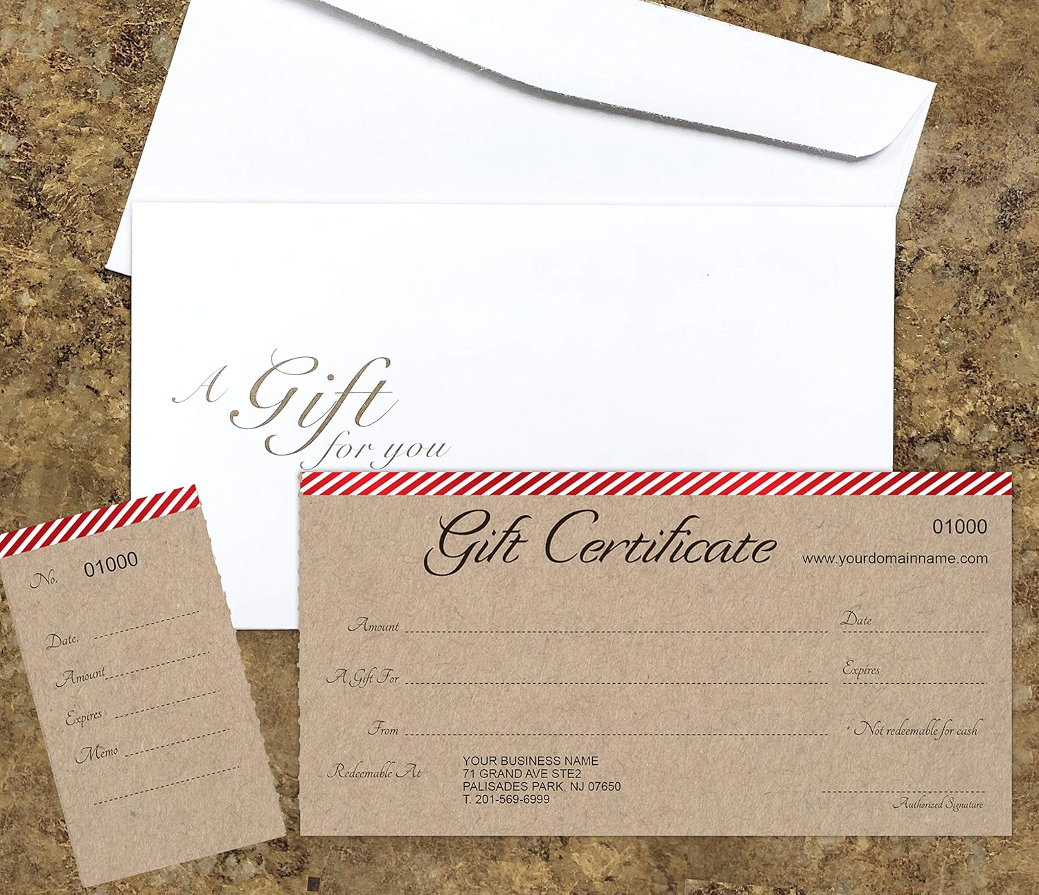 Custom Gift Certificates Cards with Envelopes 100 Set - Stripes on Red Bar with Kraft Background Image - Gift Certificates for Small Business