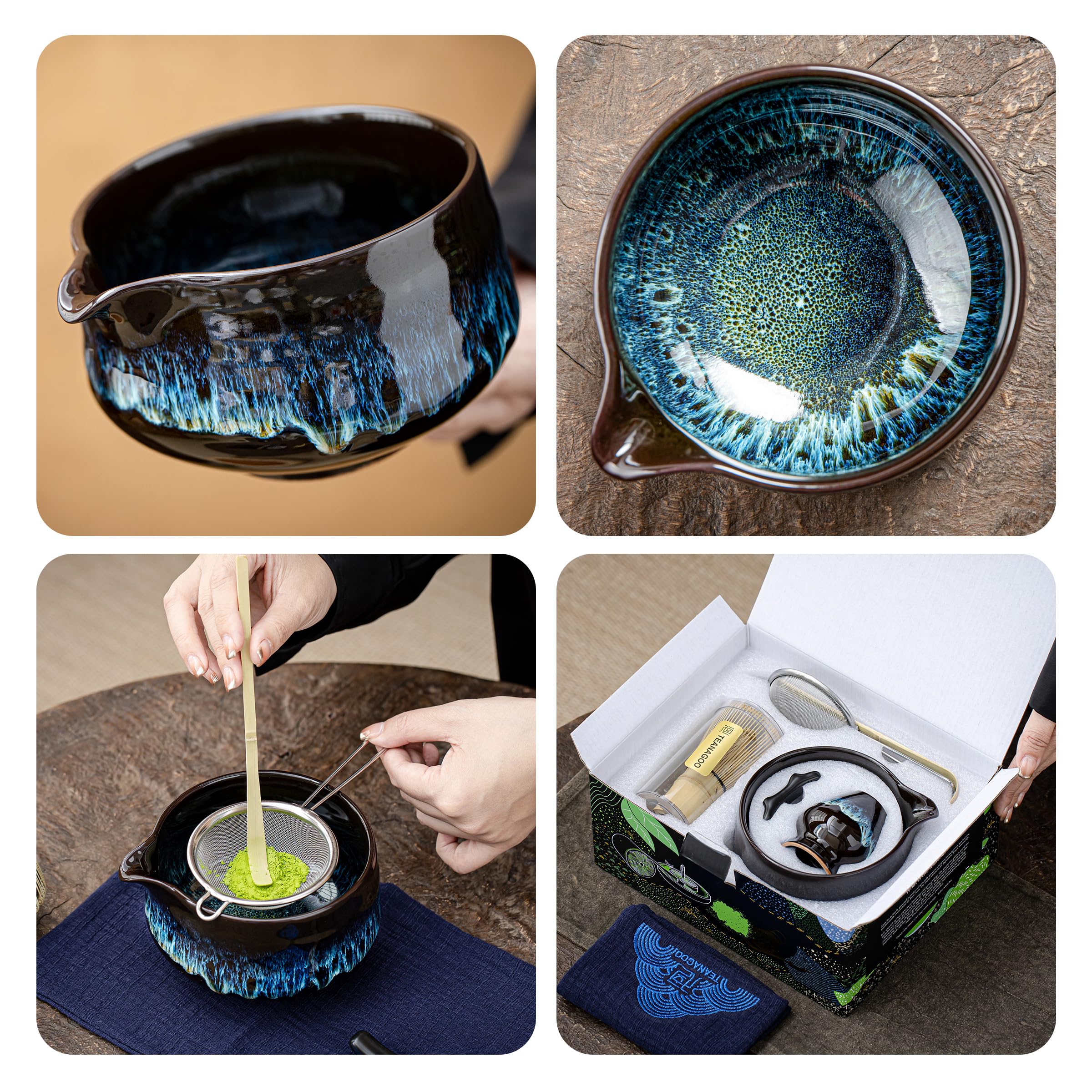 TEANAGOO Te Matcha Kit, Matcha Set 7 piezas, kit de para ceremonia, juego de té para hacer desayuno/matcha latte, cuenco de cerámica con boquilla y batidor, regalo para los