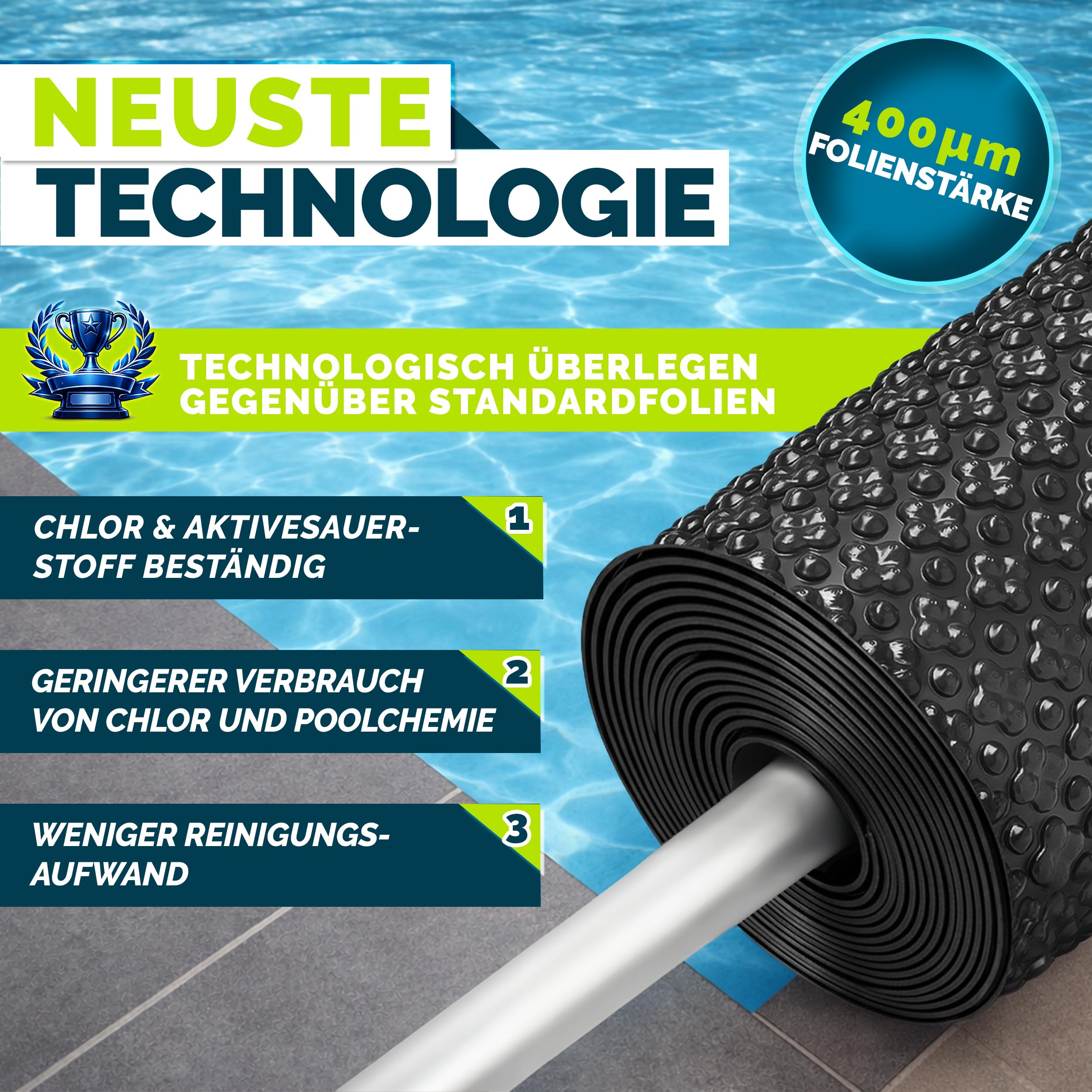 Tillvex Elite Pool Solarfolie 400 µm Rechteckig 450x220 cm Solarplane ProHeat QB4 Wärmeplane zuschneidbar Solarabdeckung