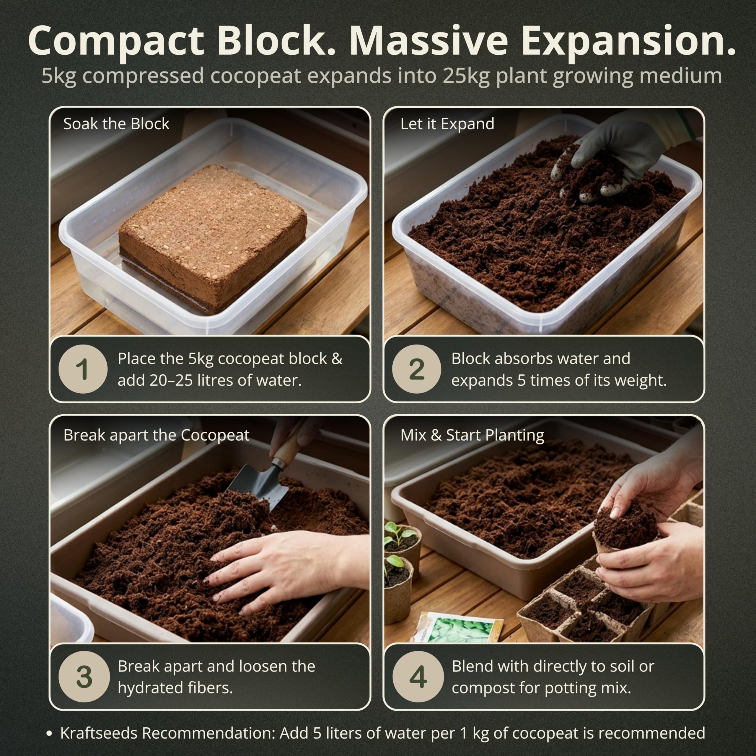 Kraft Seeds Cocopeat - 5kg Block for Gardening -3 Kraft Seeds Cocopeat - 5kg Block for Gardening -3